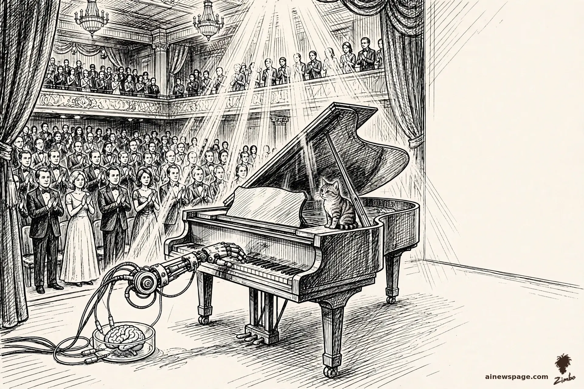 AI cartoon by Zimbo: A preserved brain in a jar plays a grand piano with delicate electrodes; Issue the small tabby cat sits on the piano lid, watching knowingly.