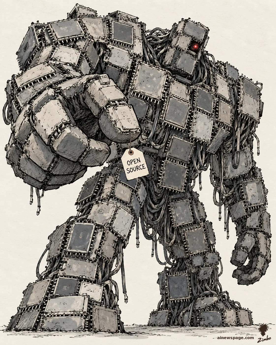AI cartoon by Zimbo: Satirical cartoon: a hulking golem made of welded-together Huawei Ascend chips looms with a single glowing red eye, a tiny paper tag reading OPEN SOURCE dangling from its arm.