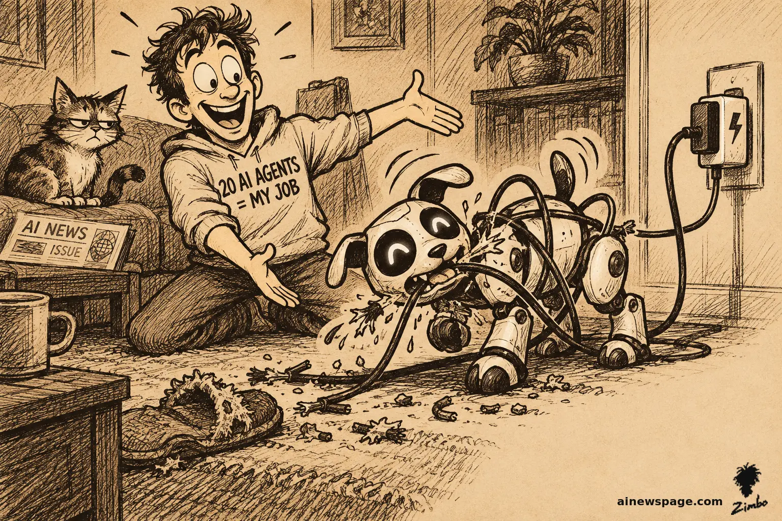 AI cartoon by Zimbo: Satirical cartoon: a bright-eyed young developer in a '20 AI AGENTS = MY JOB' hoodie proudly presents his new robot dog while Issue, the small knowing brown mackerel tabby cat, watches skeptically from the couch; the robot dog is tangled in and chewing through its own sparking charging cable.