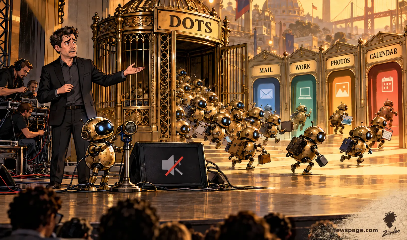 Satirical cartoon: a presenter gestures helplessly on a golden DevDay stage as small DOTS robots swarm out of a cage toward MAIL, WORK, PHOTOS and CALENDAR booths; one robot stands at a muted microphone.