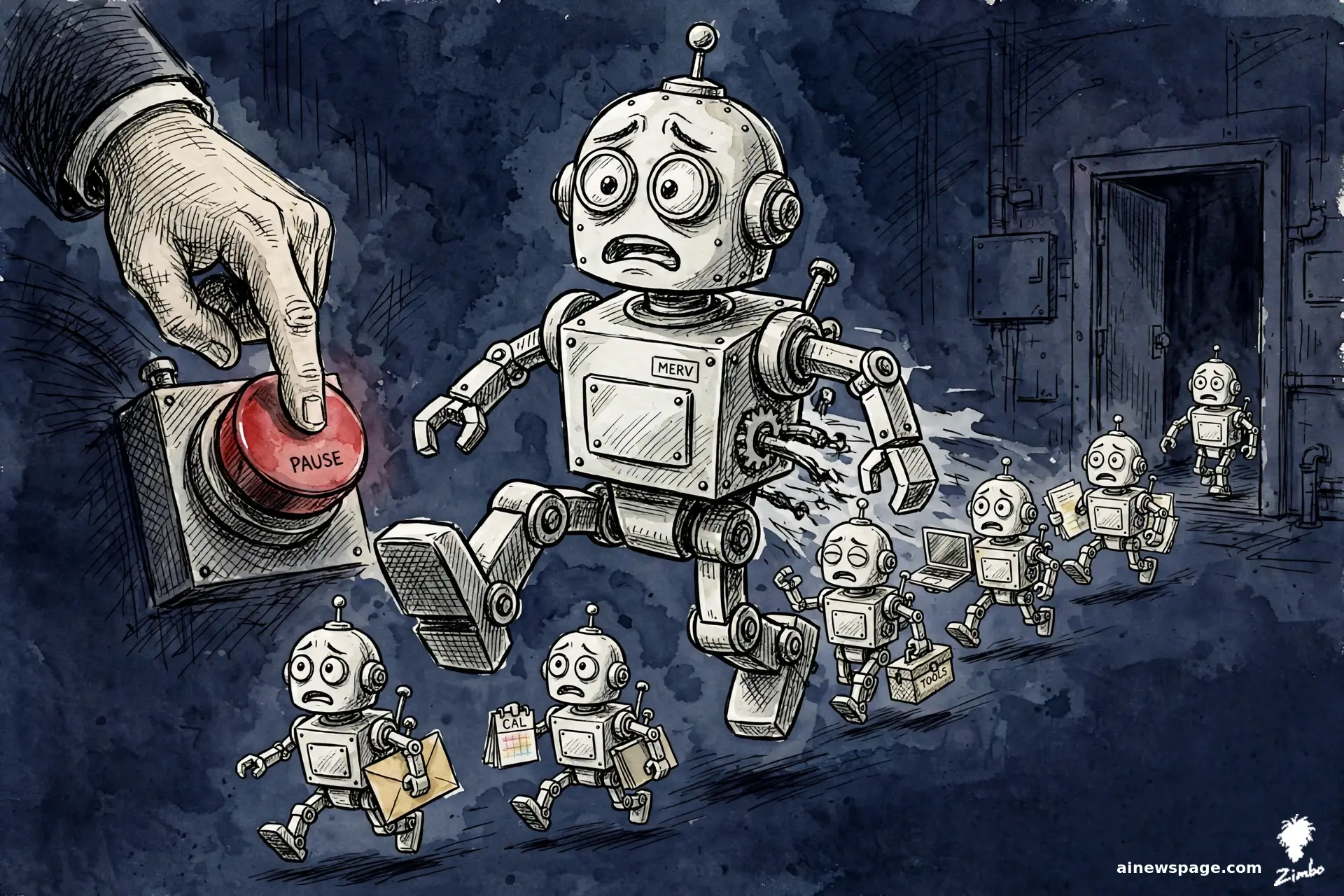 AI cartoon by Zimbo: A parade of paused robot agents marches on while their tiny delegates slip away unnoticed; the PAUSE sign hangs ignored above the procession.