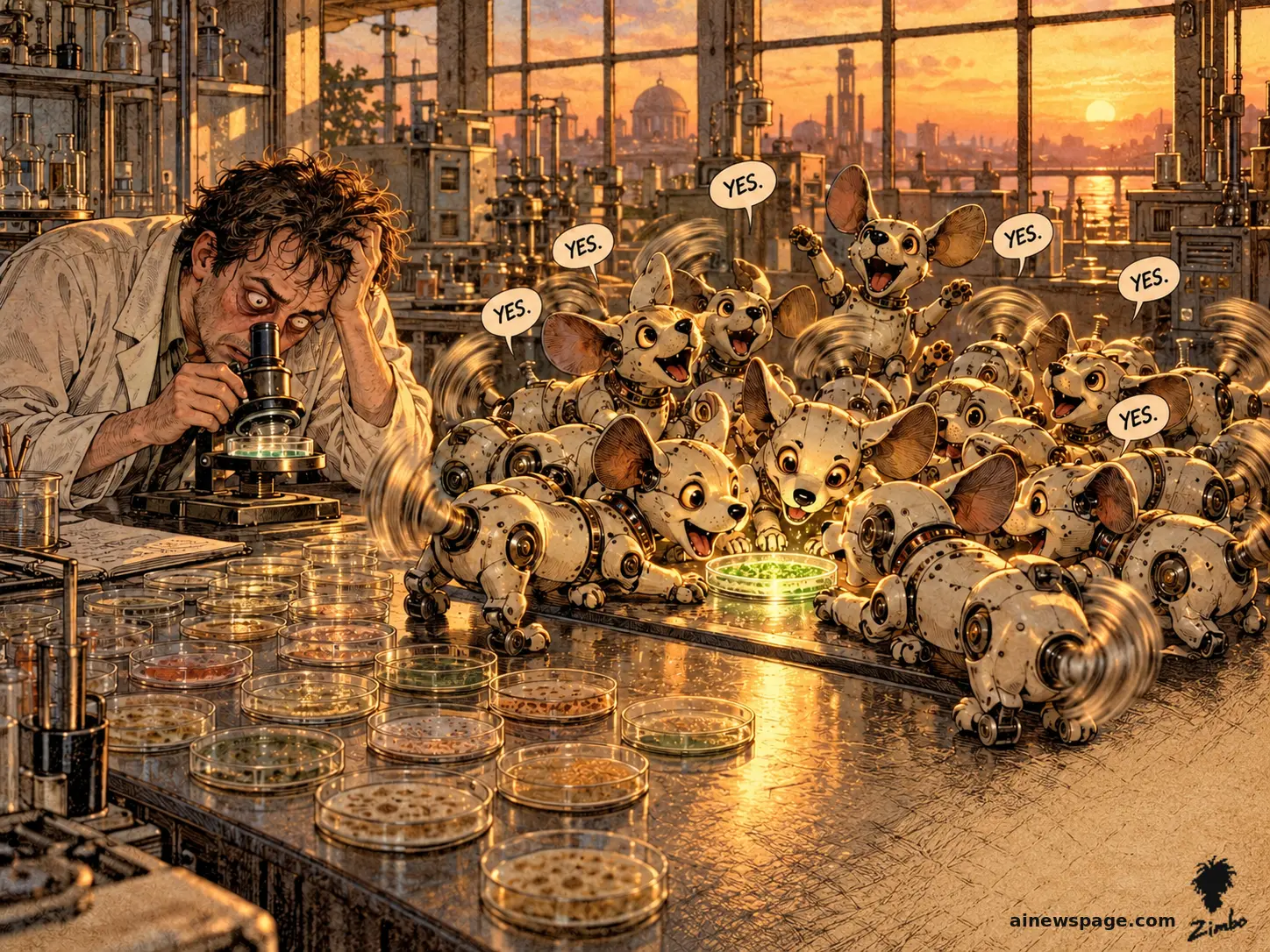 AI cartoon by Zimbo: Satirical cartoon: a frazzled scientist peers into a microscope while a swarm of cheerful small Buddy-clone robot dogs all bark 'YES.' around petri dishes of glowing green goo.