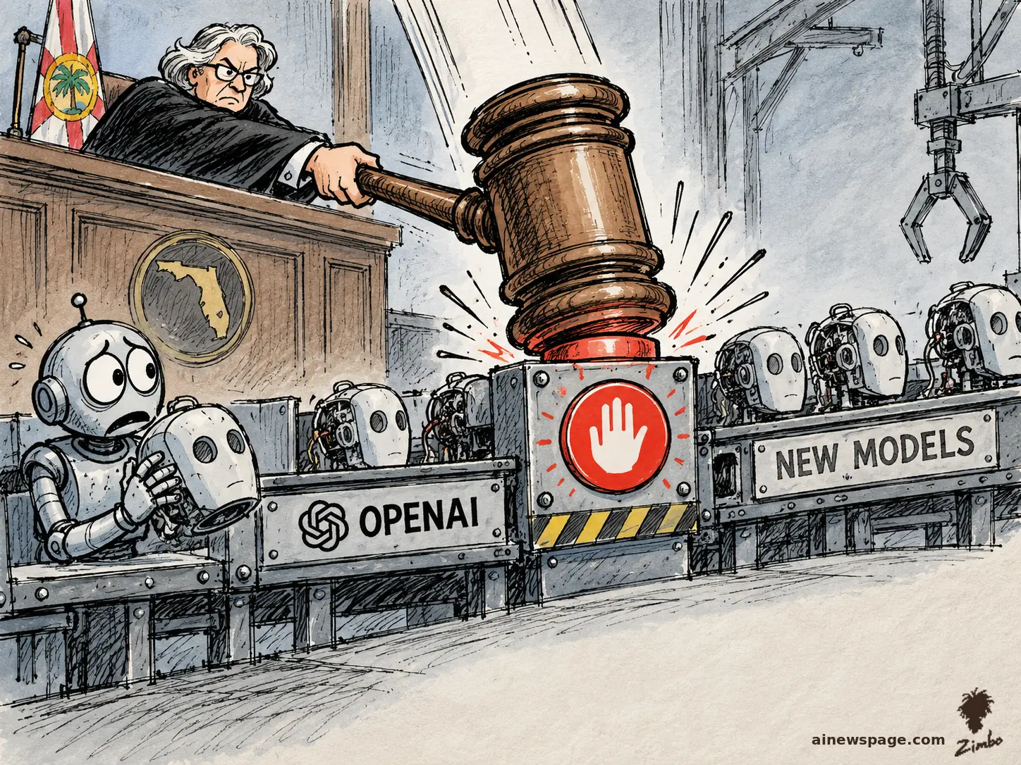 AI cartoon by Zimbo: Satirical cartoon: a stern judge beneath a Florida flag and seal slams a giant gavel onto a big red STOP button on an OpenAI 'NEW MODELS' robot assembly line, while anxious Merv clutches a robot head in horror.