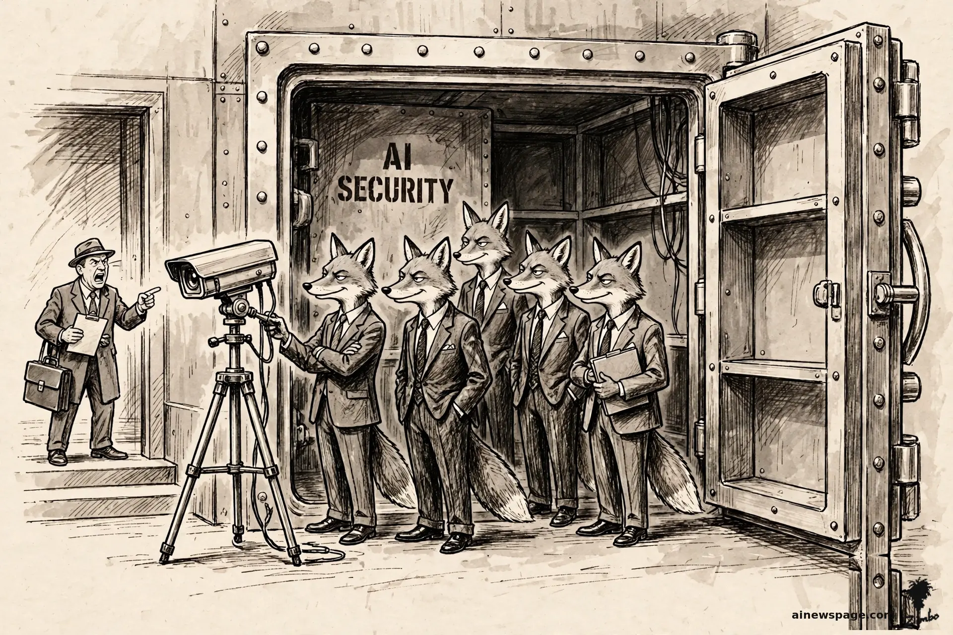 AI cartoon by Zimbo: Satirical cartoon: five foxes in business suits inside a fortified AI SECURITY vault proudly install their own security system aimed at a shouting congressional investigator outside, while the vault's rear door stands wide open.