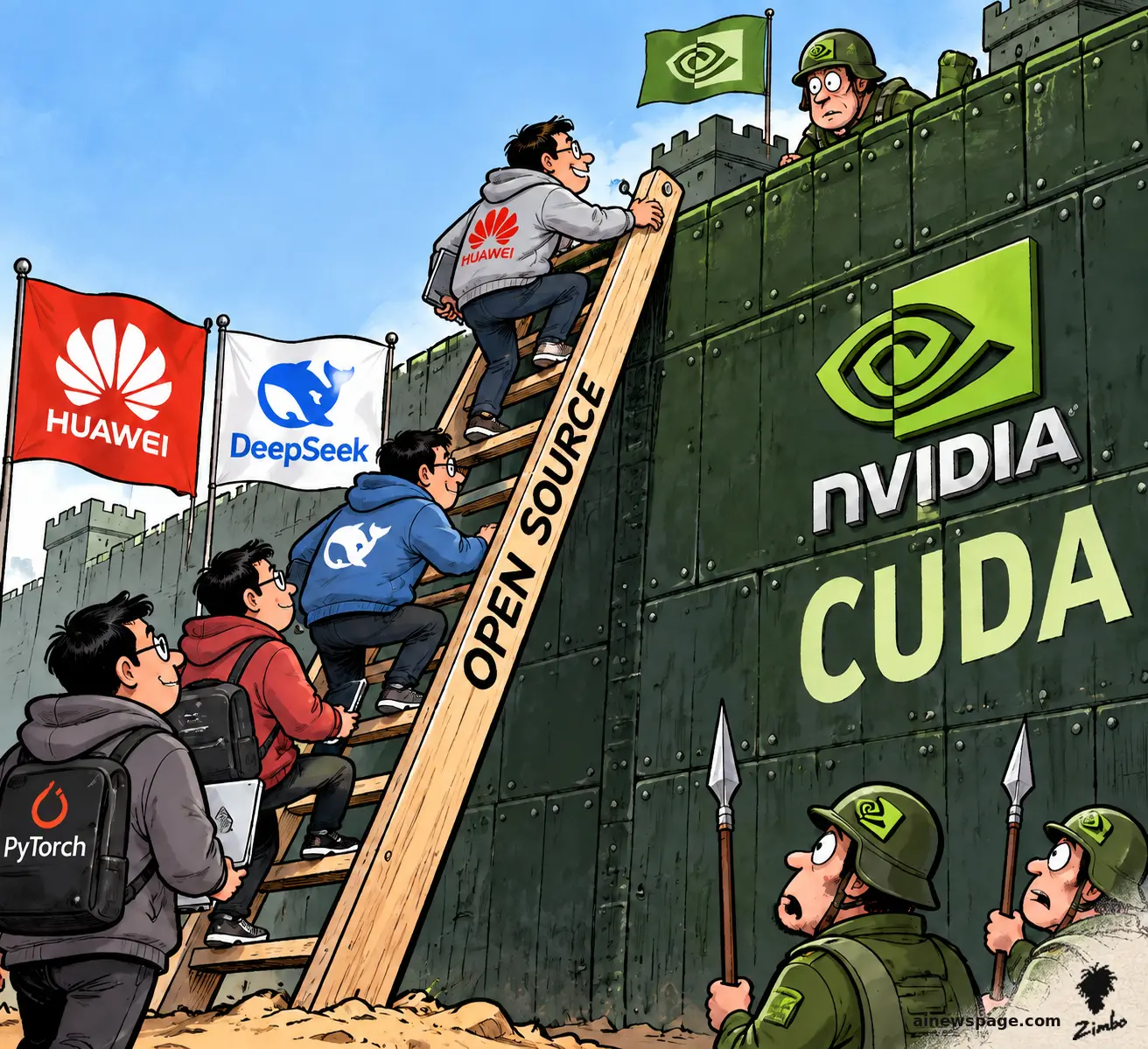 AI cartoon by Zimbo: Satirical cartoon: engineers in Huawei, DeepSeek and PyTorch hoodies climb a plain wooden ladder labeled 'OPEN SOURCE' over a massive green NVIDIA/CUDA fortress wall while helmeted guards stare in disbelief.