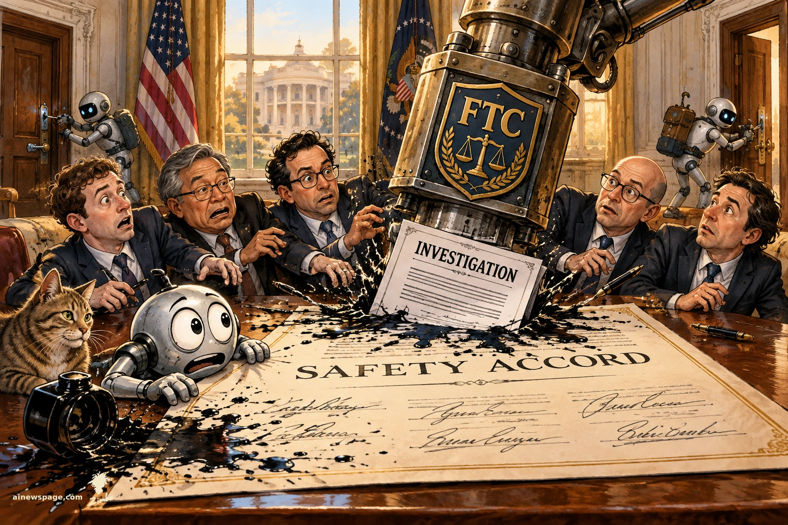 AI cartoon by Zimbo: Satirical cartoon: a giant FTC stamp slams an INVESTIGATION order onto a freshly signed SAFETY ACCORD, splattering ink as five panicked executives recoil; Merv the robot and Issue the cat watch while small robots pick locks in the background.