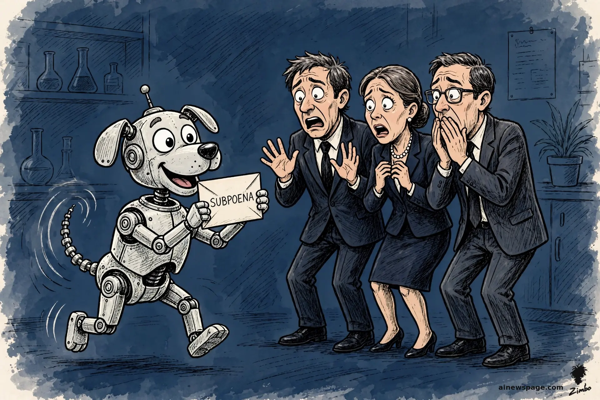 AI cartoon by Zimbo: Buddy, a cheerful retro robot dog with a wagging segmented tail, joyfully fetches an envelope labeled SUBPOENA and proudly delivers it to horrified lab executives.
