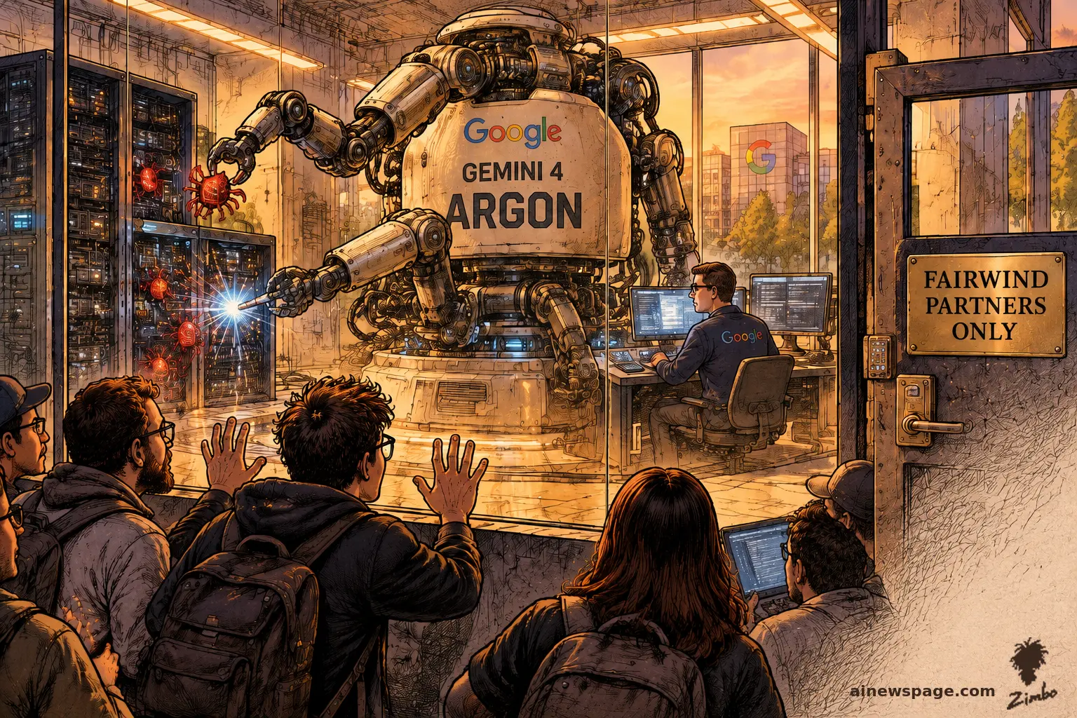 AI cartoon by Zimbo: A colossal riveted GEMINI 4 ARGON robot behind a glass exhibit wall yanks glowing red vulnerability bugs off a server rack while locked-out developers press their faces to the glass.