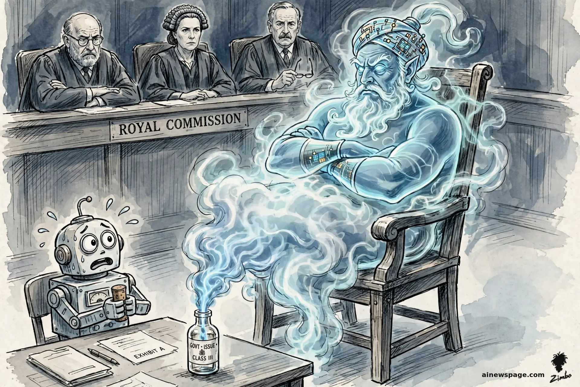Satirical cartoon: a giant luminous AI genie is crammed into the witness chair of a Royal Commission hearing, its smoke still pouring from a tiny government-issued bottle labeled GOVT ISSUE on the evidence table, while a terrified little robot holds the stopper. Three stern commissioners watch.