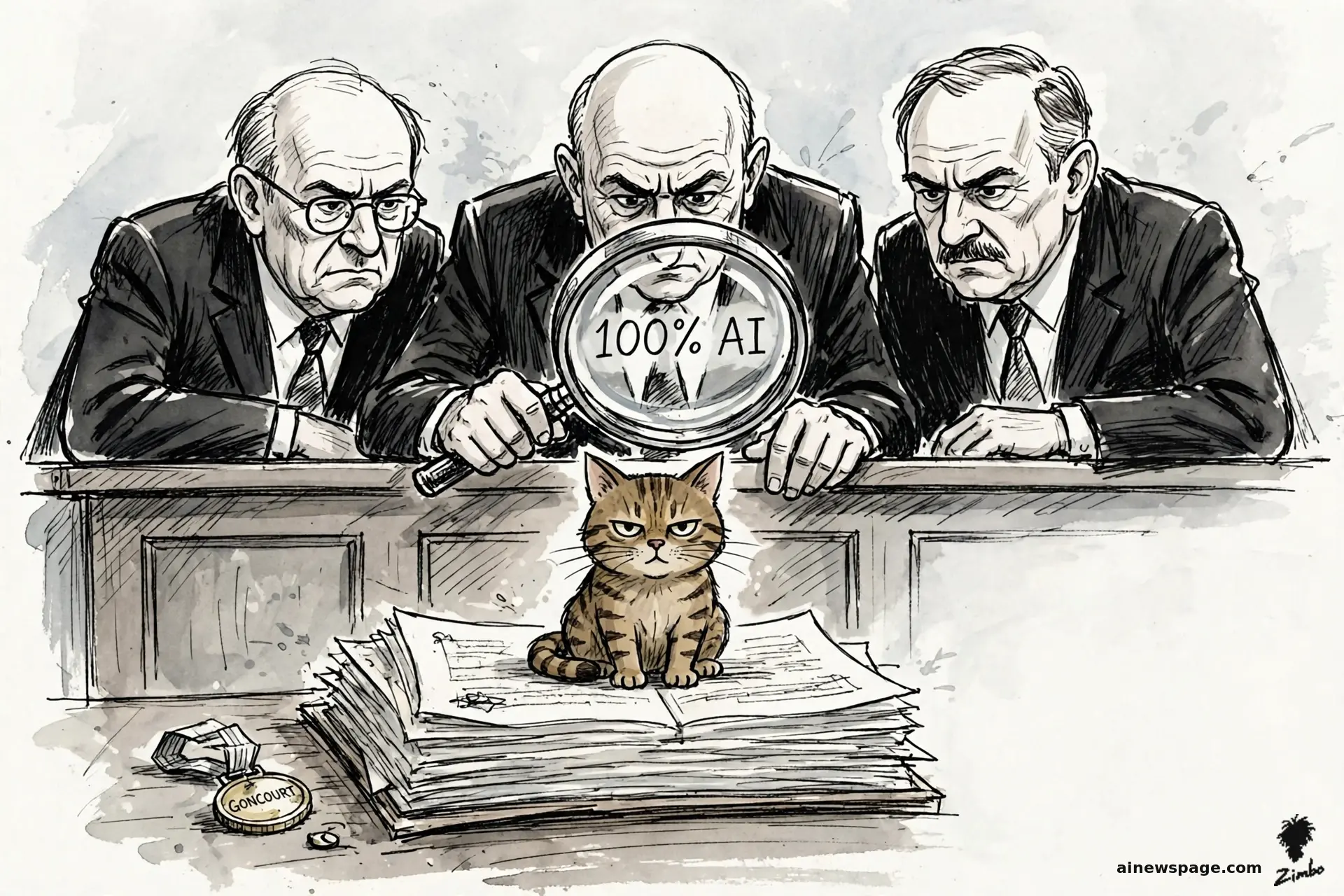 AI cartoon by Zimbo: Satirical cartoon: three stern literary judges peer through a giant magnifying glass reading 100% AI over a thick manuscript, while a small brown mackerel tabby cat sits on the pages staring at the viewer; a GONCOURT medal lies tipped over beside it.