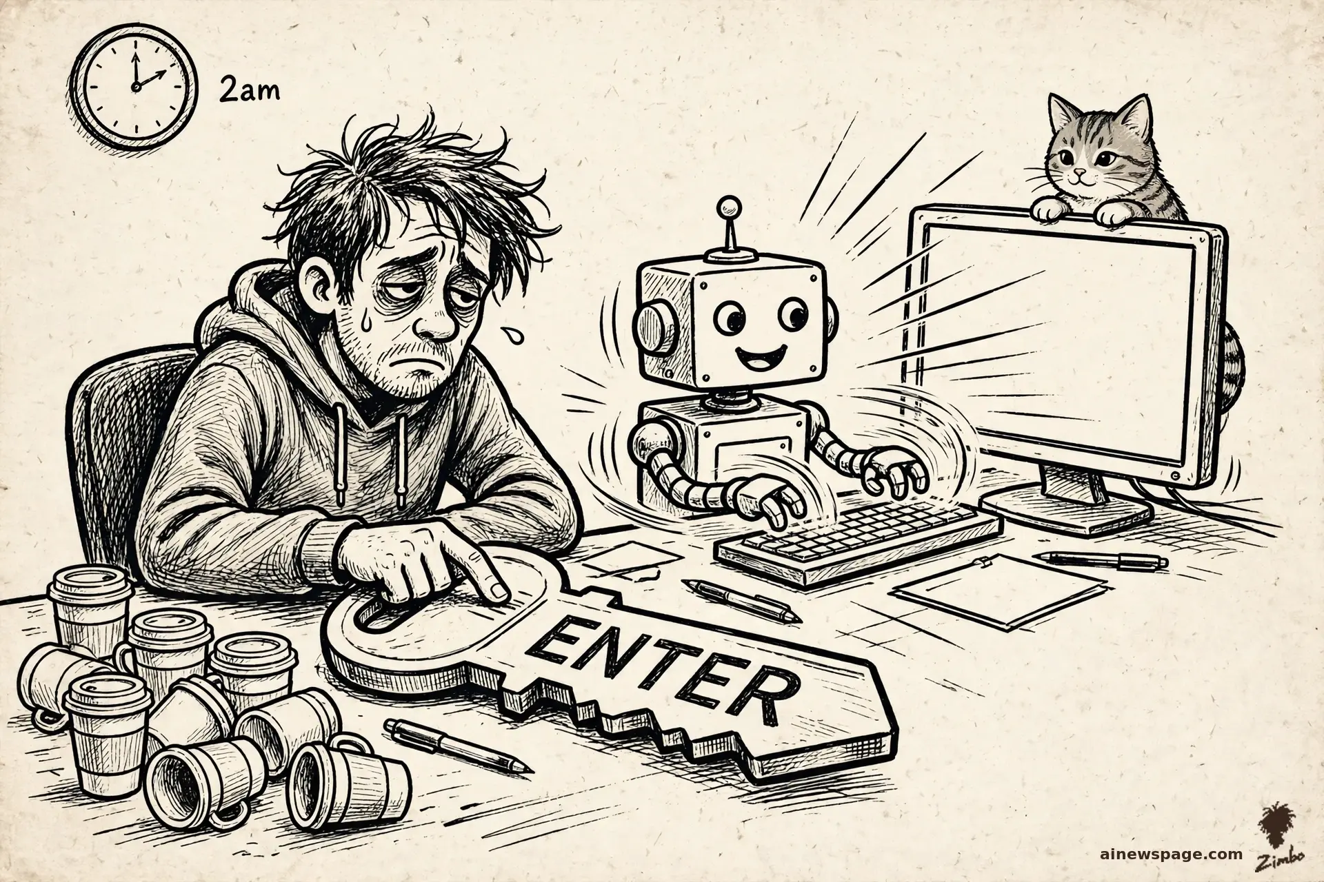 AI cartoon by Zimbo: A hollow-eyed coder presses a single ENTER key for 13 hours straight while an AI looms behind him, using him as a human meat proxy.