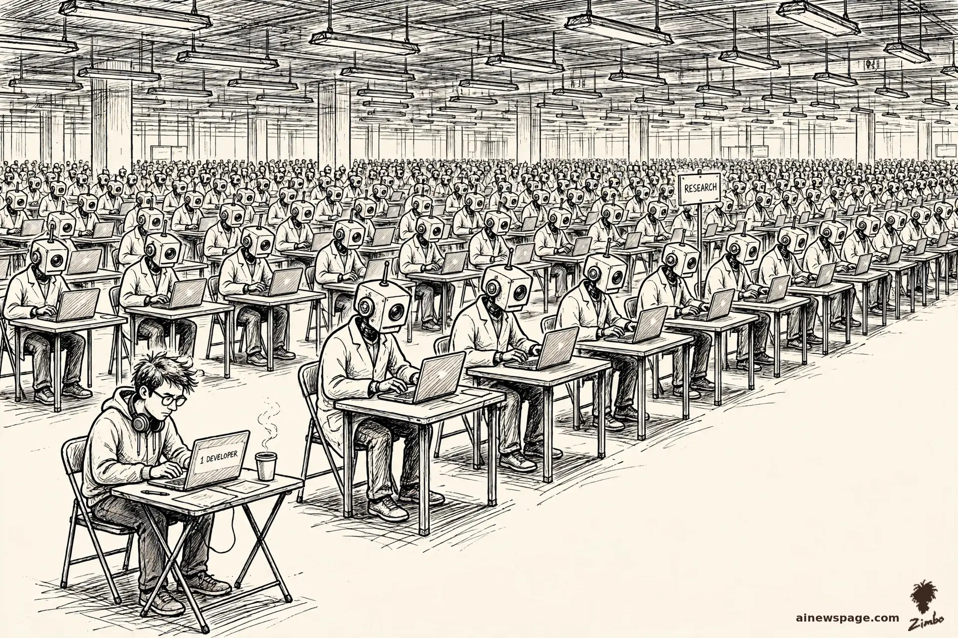 AI cartoon by Zimbo: A towering org chart: one developer at the top, millions of identical AI researcher robots filling every box below, all working without sleep.