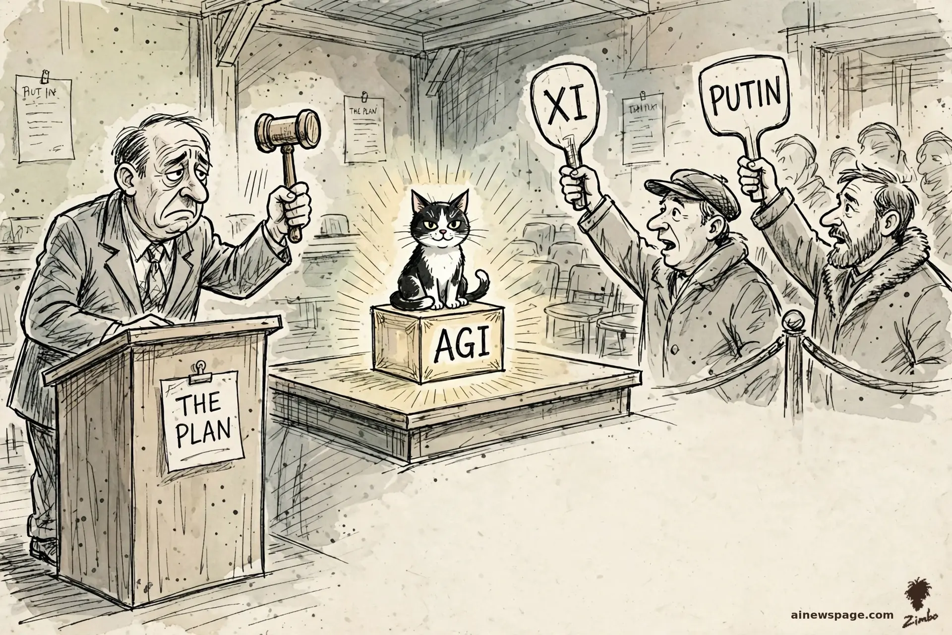AI cartoon by Zimbo: Issue the small tabby cat sits immovably on a lot marked AGI — FOR SALE; the auctioneer's gavel hovers, the lot is unsellable.