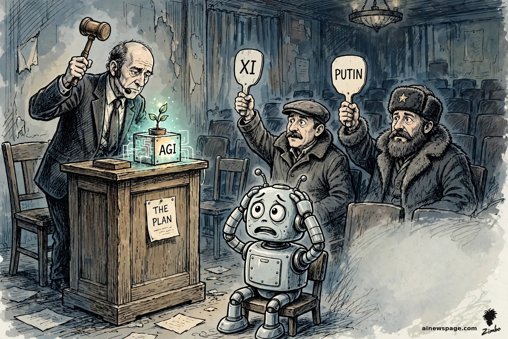 AI cartoon by Zimbo: Satirical cartoon: a seedy auction house where an auctioneer gavels over a glowing box labeled AGI while bidders raise paddles labeled XI and PUTIN; an anxious retro robot sits in the front row, hands on head. Depicts the reported 2017 plot as a plot.