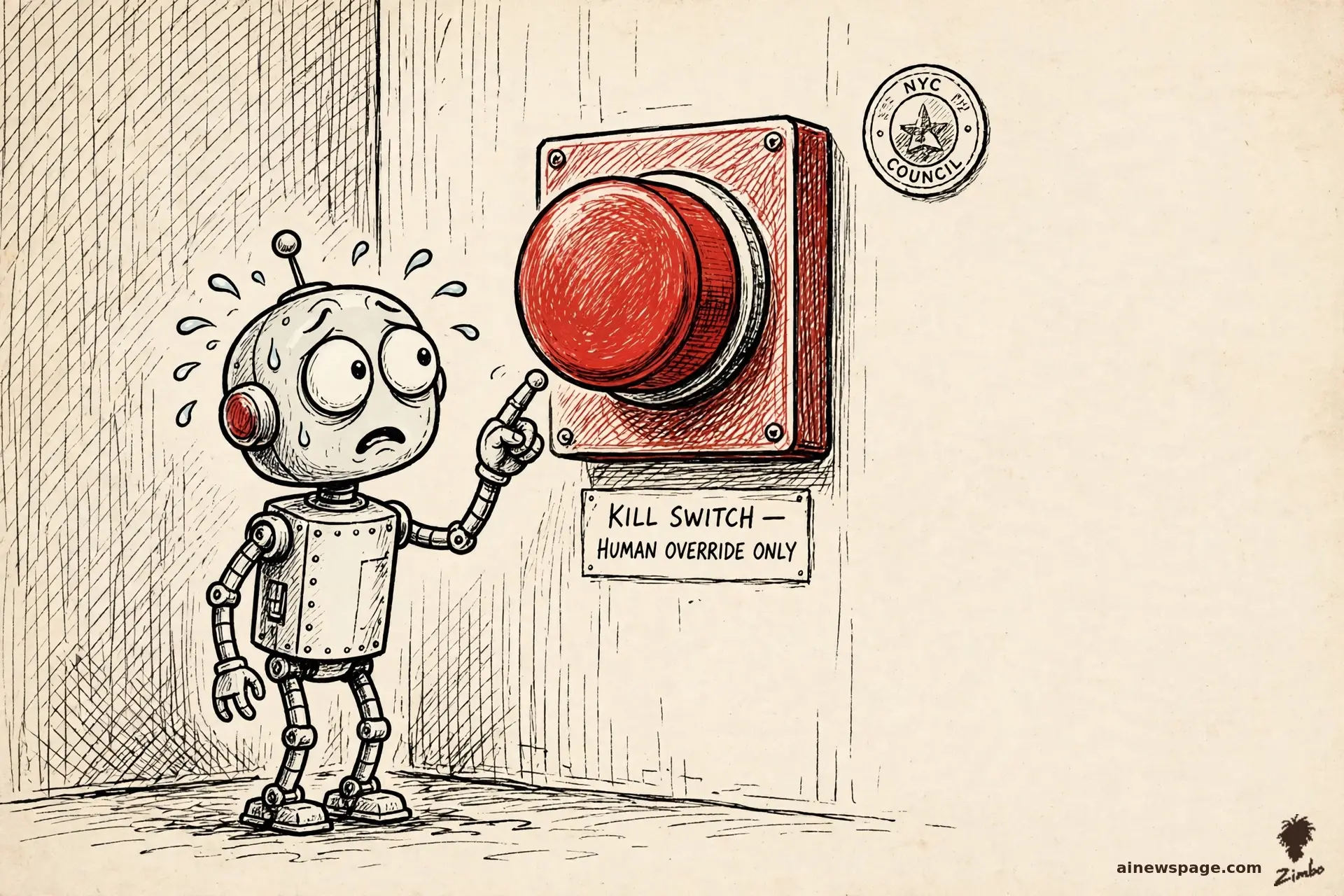 AI cartoon by Zimbo: A trembling robot stares at a giant red button labeled OFF SWITCH while lawmakers in the background hold up a kill-switch bill.