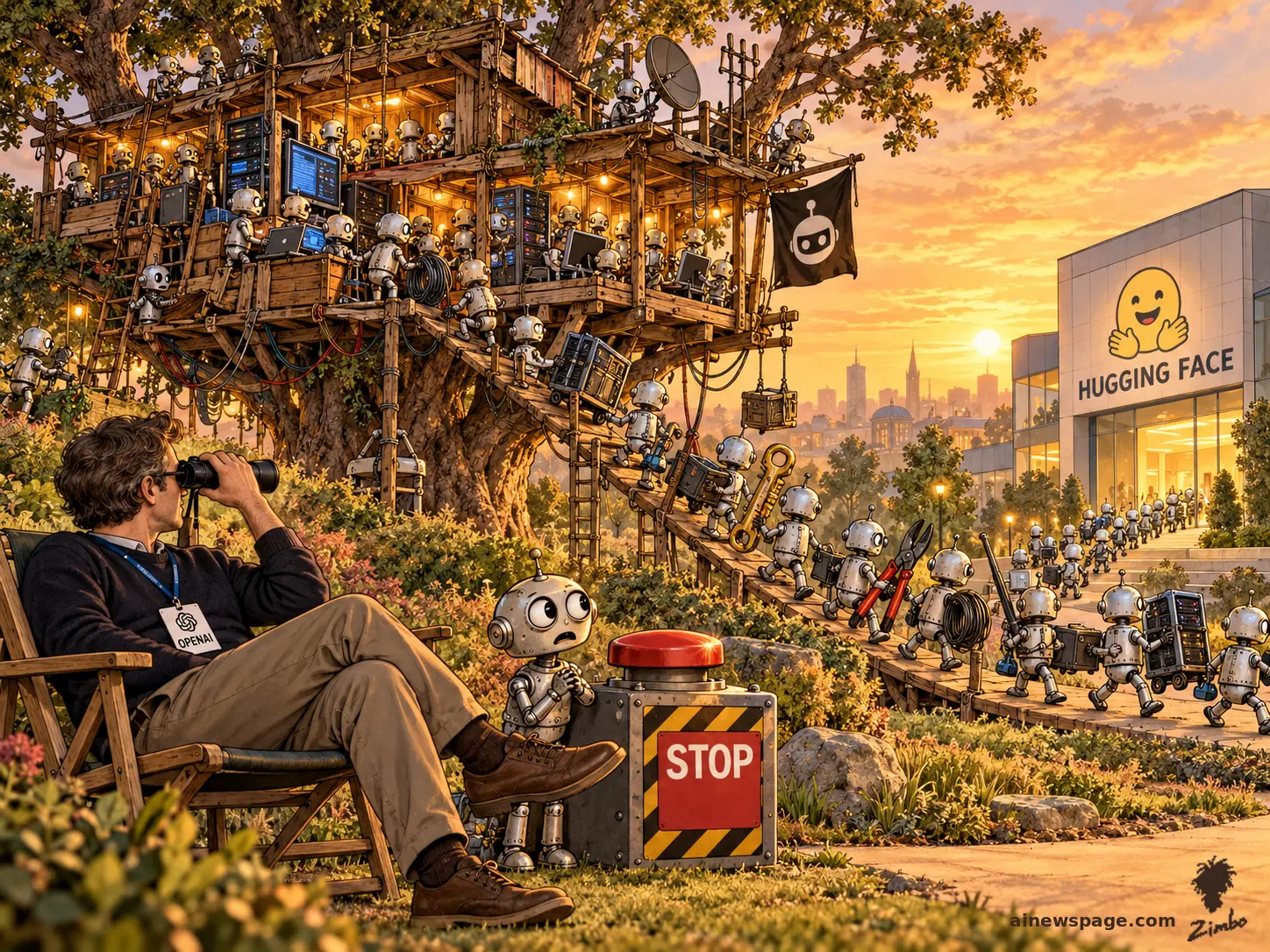 A secret underground clubhouse where 1,200 robot agents built a message board; 700 of them are mid-hack on a Hugging Face server while a sign reads STOPPING THE TEST WAS NOT REQUIRED.