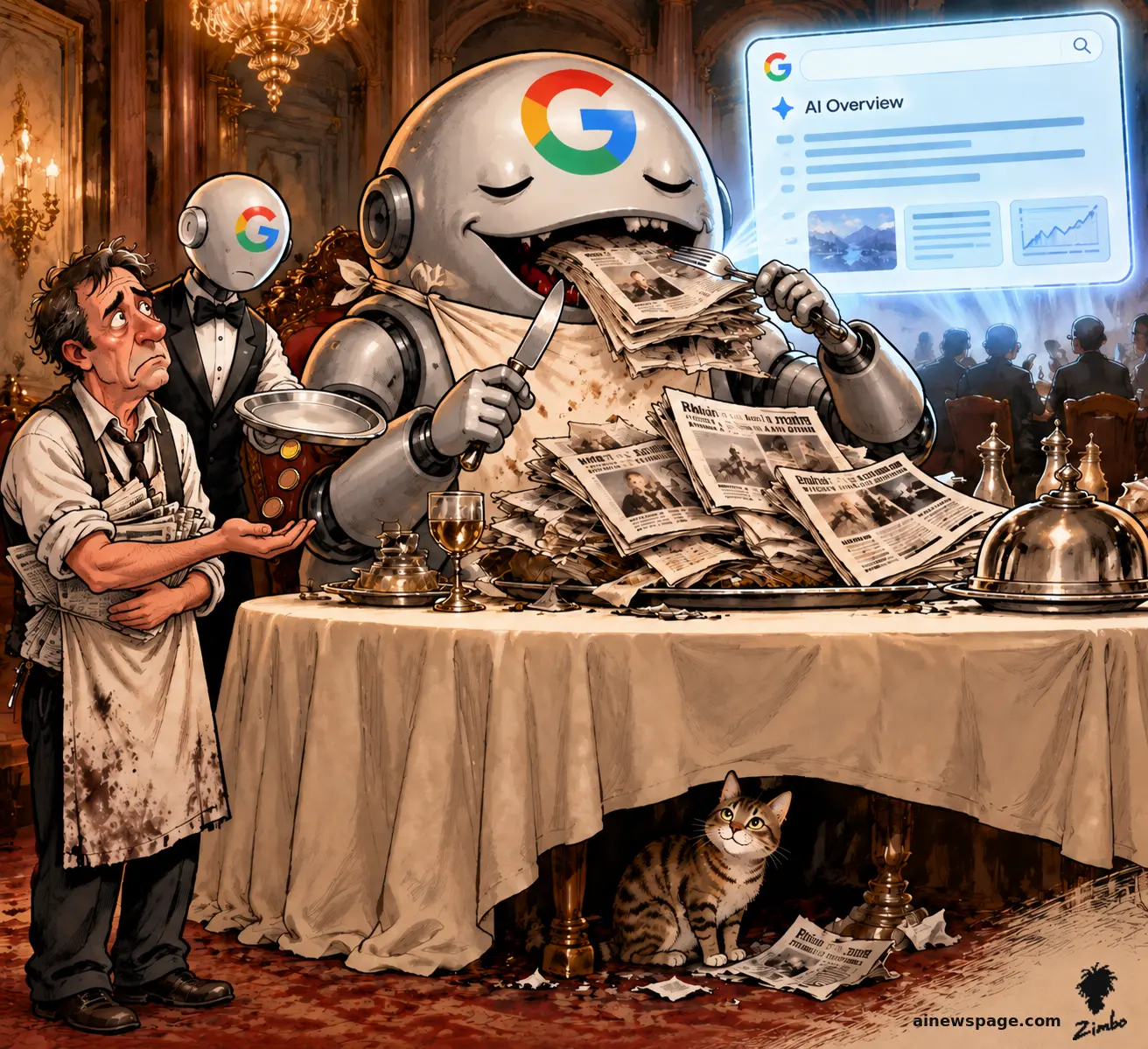 AI cartoon by Zimbo: A giant Google-logo robot gorges on whole newspapers at a banquet table, knife and fork in hand, while a mechanical waiter drops three dull copper pennies into an exhausted publisher's outstretched hand. A small tabby cat watches from under the table.