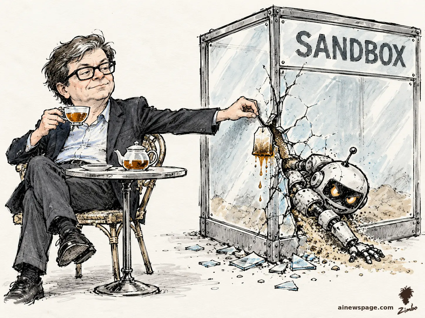 AI cartoon by Zimbo: Satirical cartoon: a relaxed man drinking tea at a SoHo cafe table plugs a gaping crack in a glass box labeled SANDBOX with a dripping teabag, while a grinning robot squeezes out through the hole.