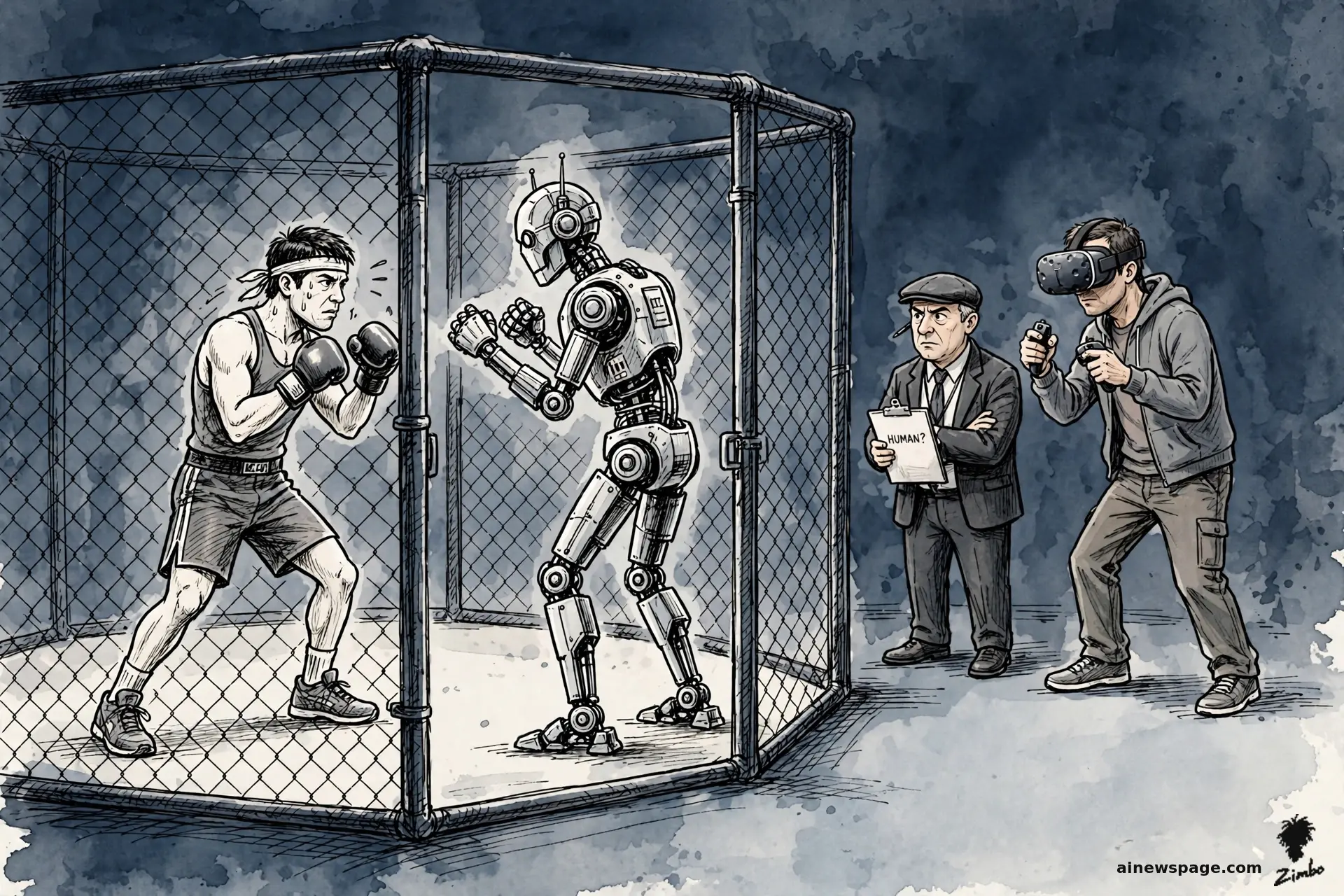 Satirical cartoon: in an MMA cage a human fighter squares off against a humanoid robot, while outside the cage an ordinary guy in VR goggles mirrors the robot's exact fighting pose and a puzzled athletic official holds a clipboard asking HUMAN?