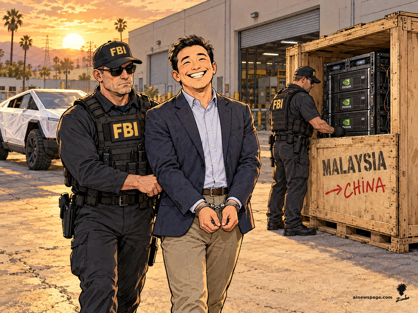 AI cartoon by Zimbo: Satirical cartoon: a smiling handcuffed CEO is led away by an FBI agent past his white-wrapped Cybertruck while another agent opens a wooden crate of Nvidia servers stenciled MALAYSIA with a red arrow to CHINA.