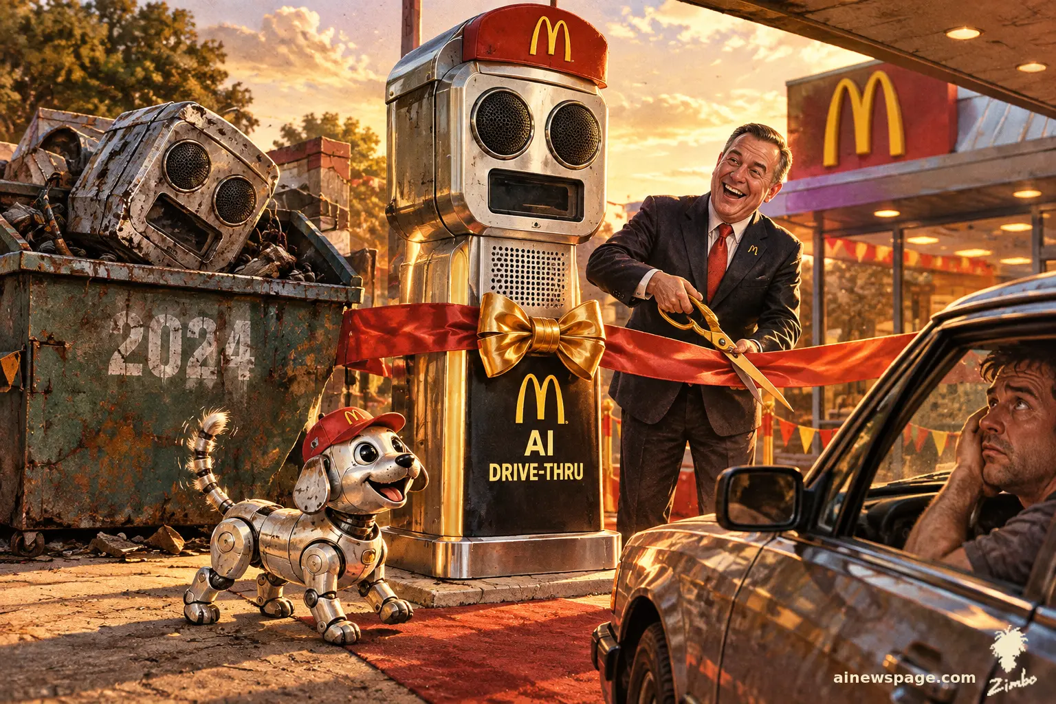 AI cartoon by Zimbo: A grinning executive cuts a red ribbon on a gleaming new AI drive-thru speaker while the identical battered 2024 model rots in a 2024-marked dumpster behind it; a small robot dog leaps excitedly.