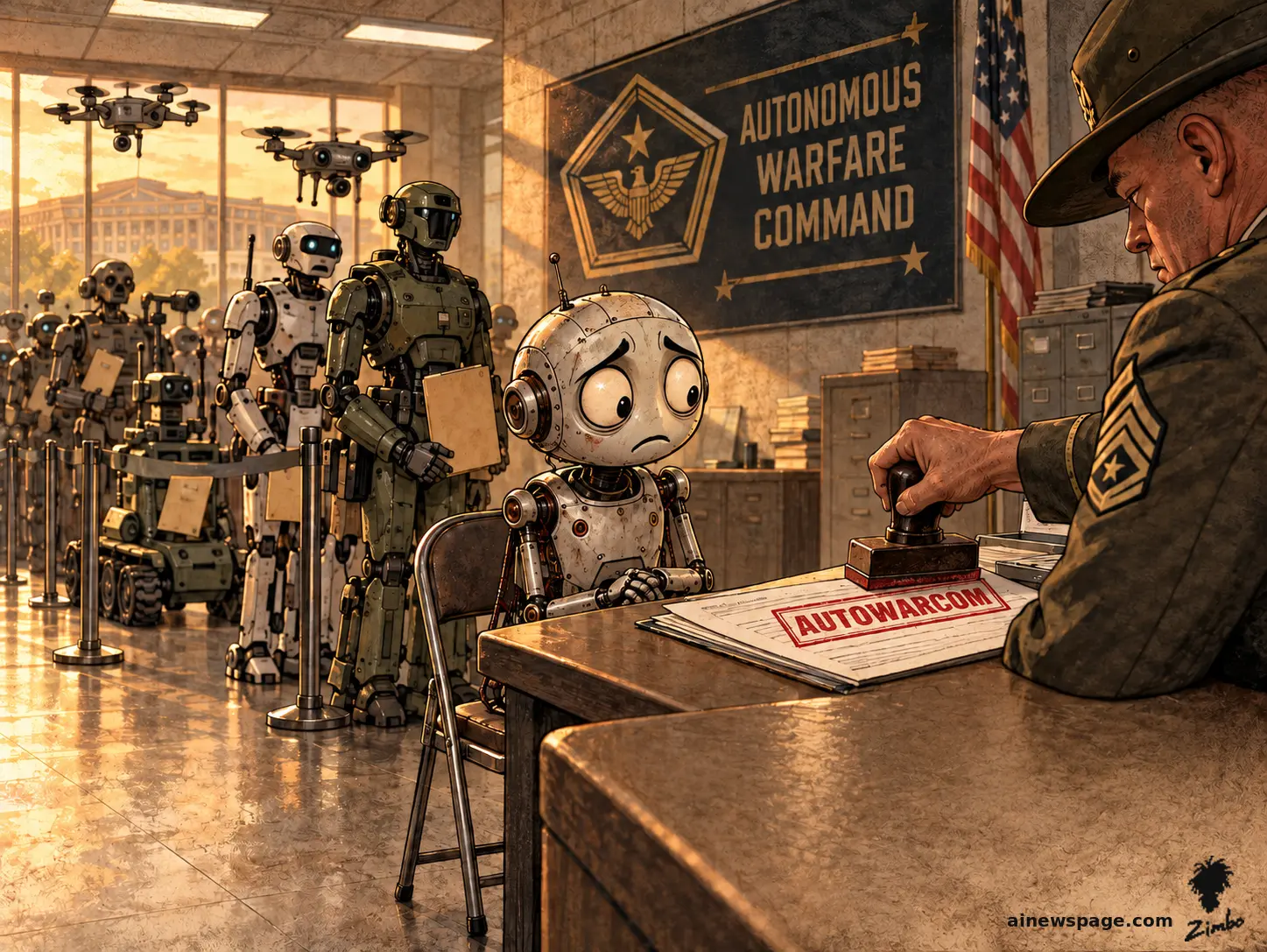 AI cartoon by Zimbo: Satirical cartoon: tiny worried Merv sits rigid at a Pentagon enlistment desk while a drill sergeant slams a red AUTOWARCOM stamp onto his papers; a queue of robots with clipboards waits behind him under an AUTONOMOUS WARFARE COMMAND banner.