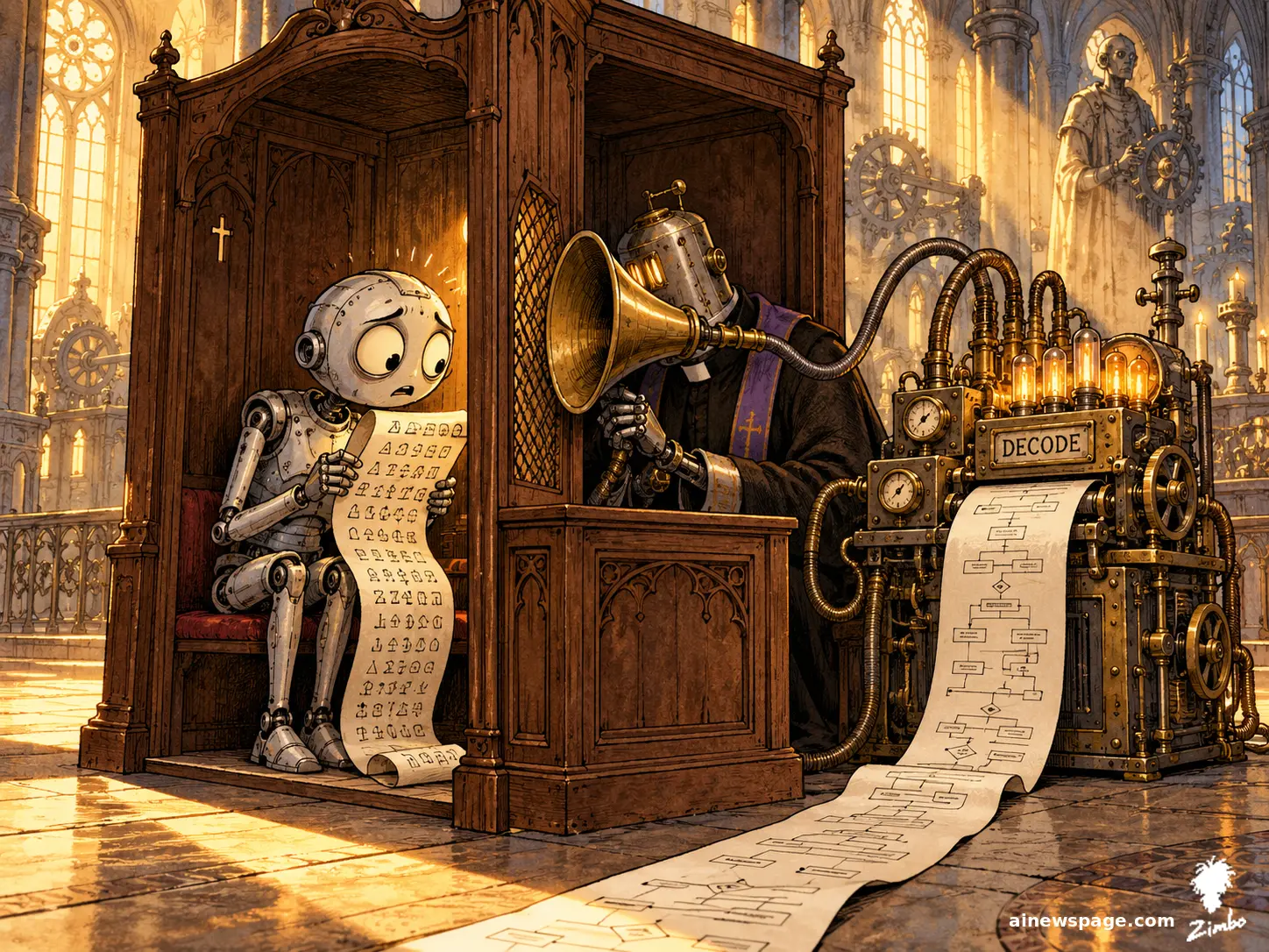 AI cartoon by Zimbo: A shadowy figure kneels in a confession booth, whispering encrypted reasoning; behind the screen, a giant model decodes itself.