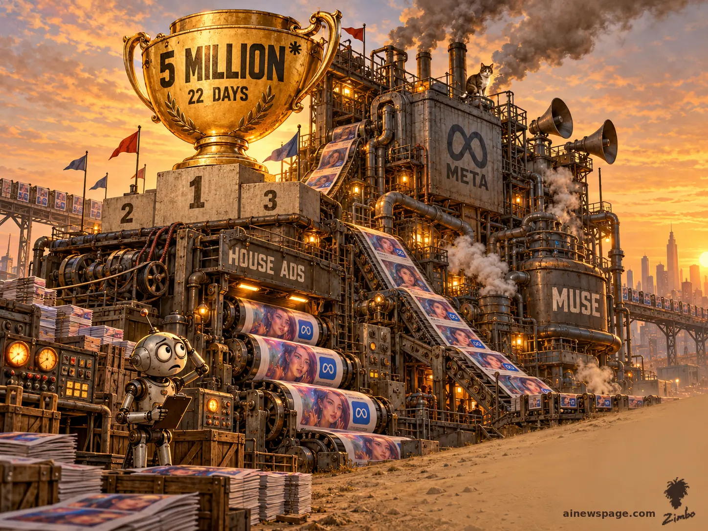 AI cartoon by Zimbo: Satirical cartoon: a giant gold trophy reading 5 MILLION 22 DAYS with an asterisk crowns a colossal riveted Meta advertising factory stamped HOUSE ADS, printing endless illustrated ad posters; anxious Merv examines the machinery at its base while a cat watches from above.