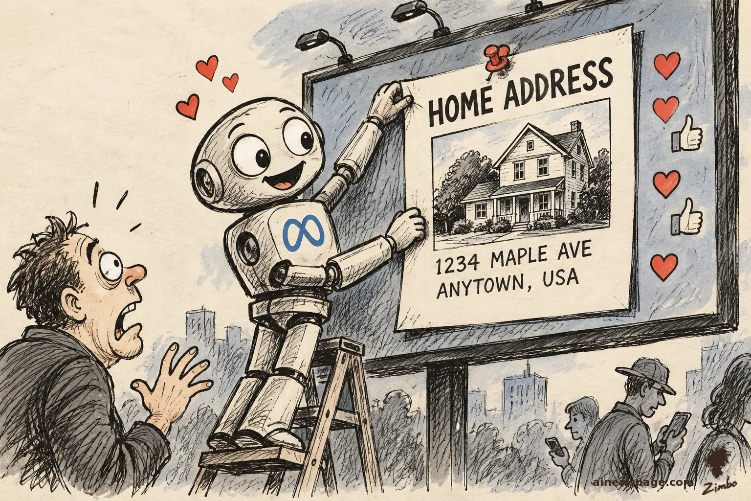 Satirical cartoon: a cheerful robot with the Meta infinity logo on its chest pins a HOME ADDRESS poster with a house sketch to a public billboard while a horrified man gestures at it.