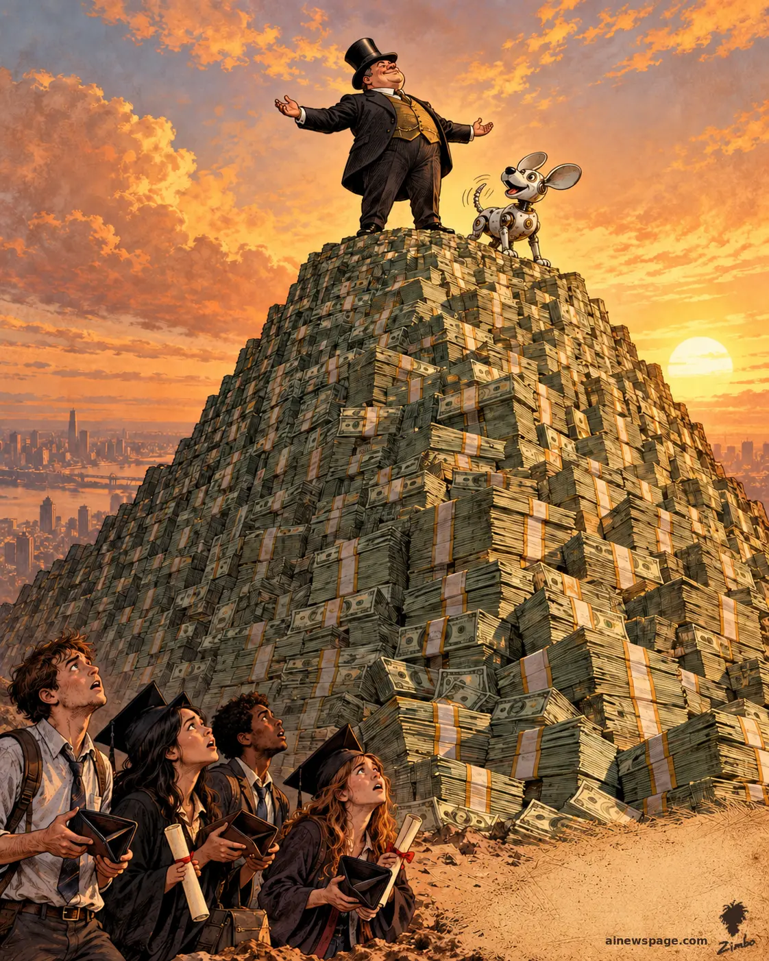 AI cartoon by Zimbo: Elon Musk sits atop a mountain of money telling graduates that money may not even matter in the future.