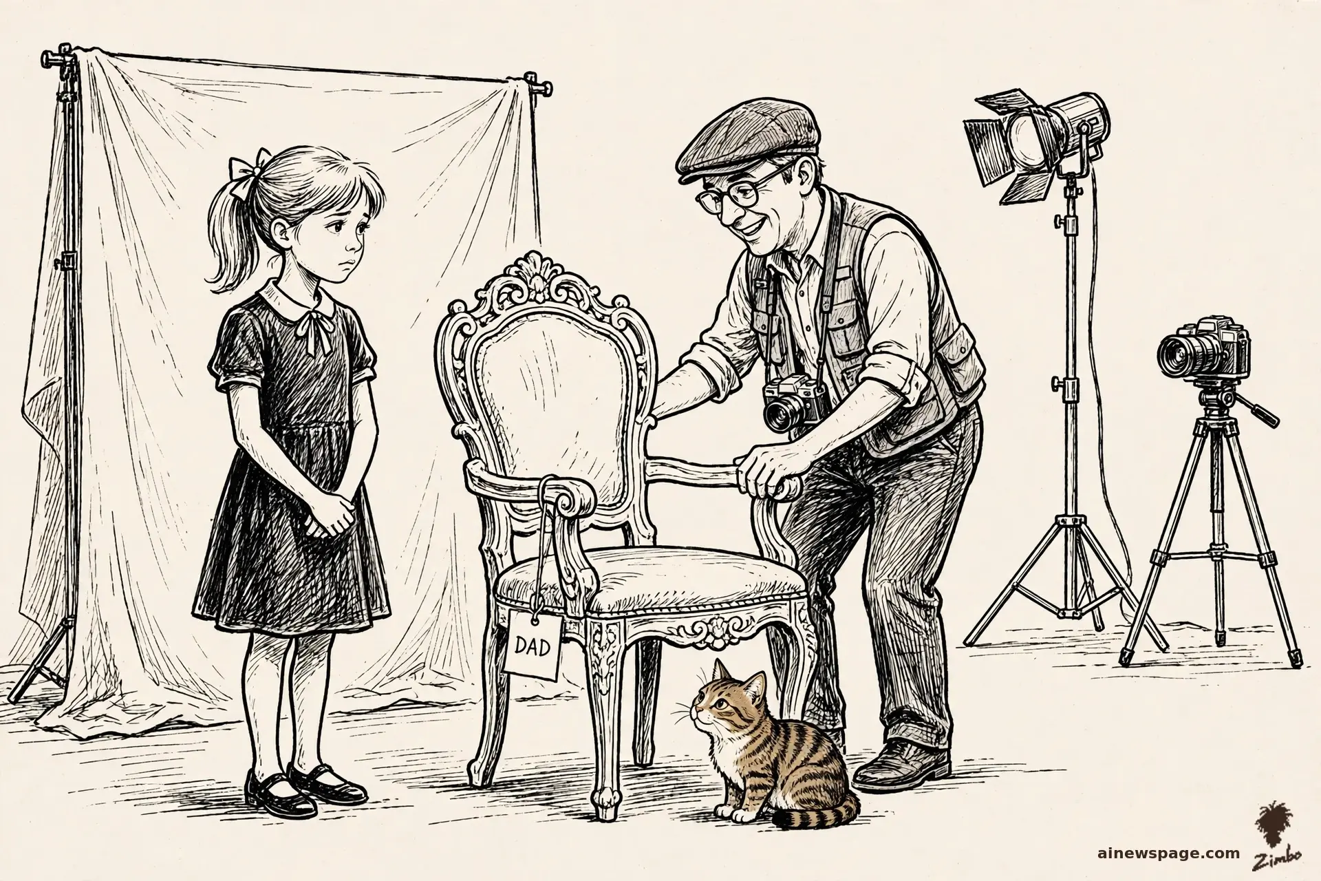 AI cartoon by Zimbo: An empty oversized dad chair sits center stage with a nameplate; the spotlight waits while dad never shows.
