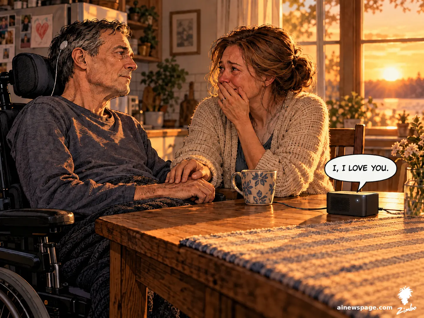 AI cartoon by Zimbo: Tender cartoon: ALS patient Terry in his wheelchair at a golden-hour kitchen table, a neural interface behind his ear; a small black speaker voices his thought 'I, I love you' in his own pre-ALS voice while his wife weeps with her hand over her mouth.