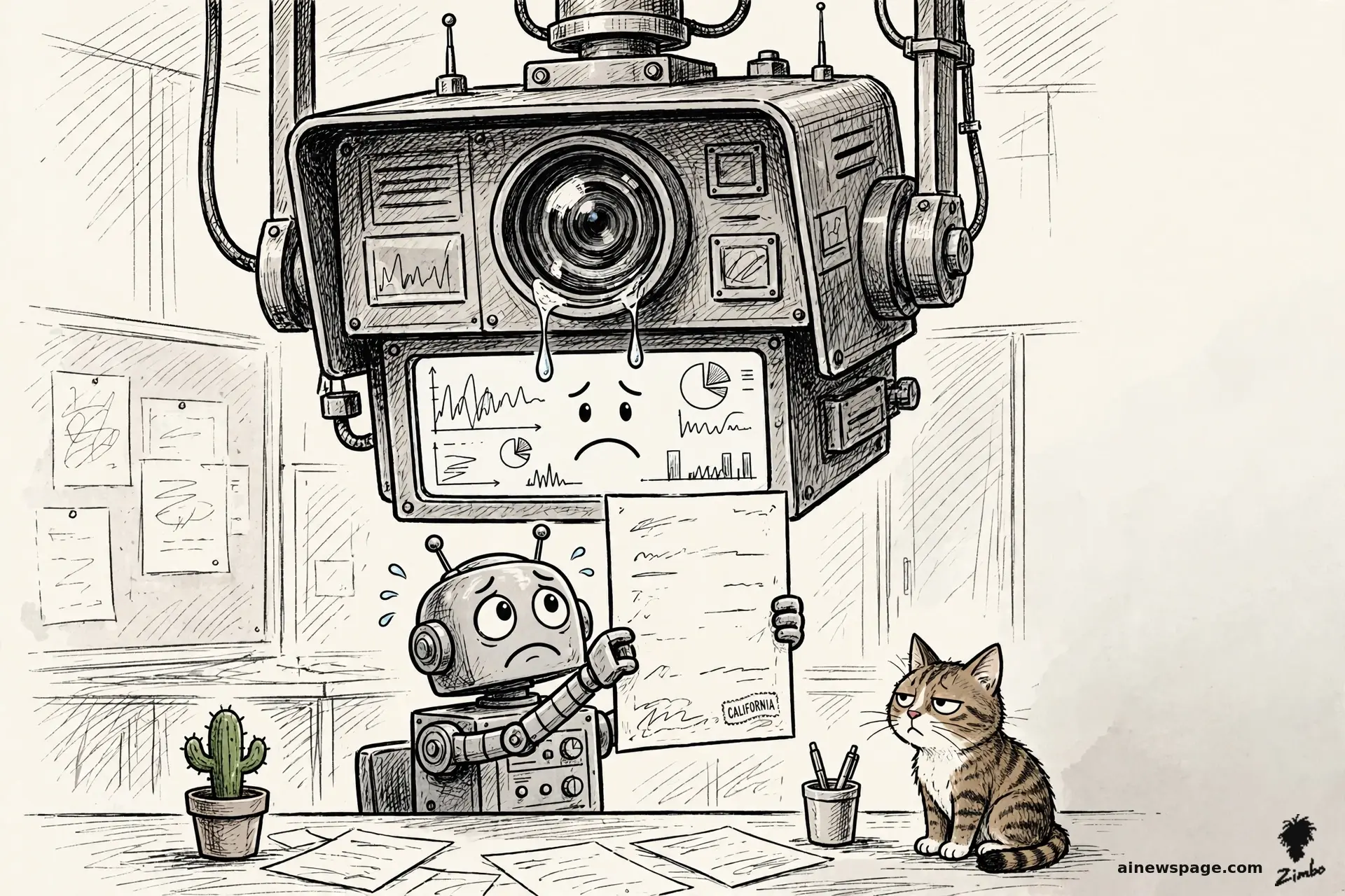 Satirical cartoon: a gigantic workplace surveillance camera drips tears, its emotion-analysis screen showing a sad face, while an anxious retro robot holds a CALIFORNIA prohibition notice over the lens; a small tabby cat watches unimpressed.