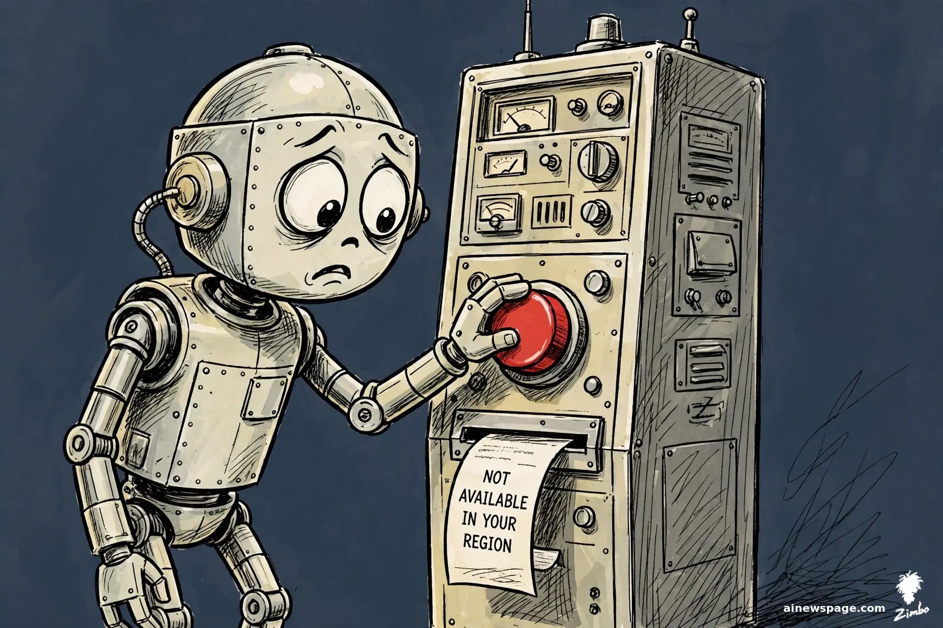 AI cartoon by Zimbo: Merv presses a giant red button on a tall machine with eager expectation; the printed receipt reads NOT AVAILABLE IN YOUR REGION.