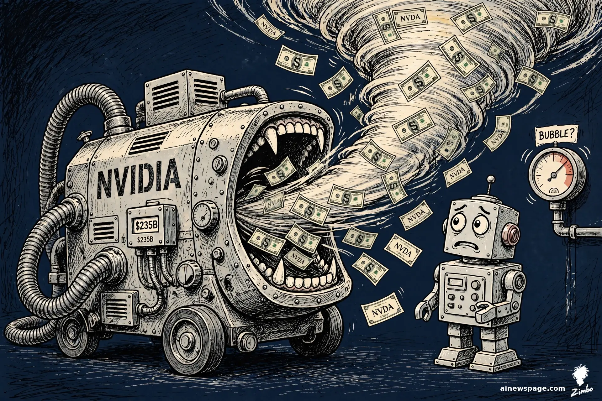 AI cartoon by Zimbo: Satirical cartoon: a giant roaring vacuum machine labeled NVIDIA sucks up a tornado of dollar bills and NVDA stock certificates past a $235B counter, while an anxious retro robot stares at a wall gauge trembling at BUBBLE?.