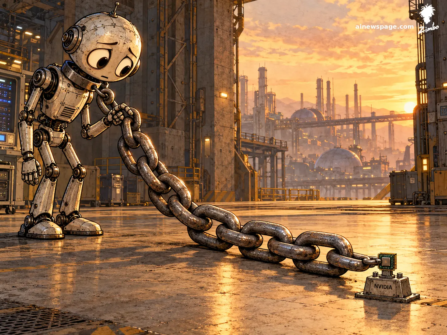 AI cartoon by Zimbo: Satirical cartoon: a worried robot holds a giant chain leash attached to a tiny NVIDIA chip on a pedestal.