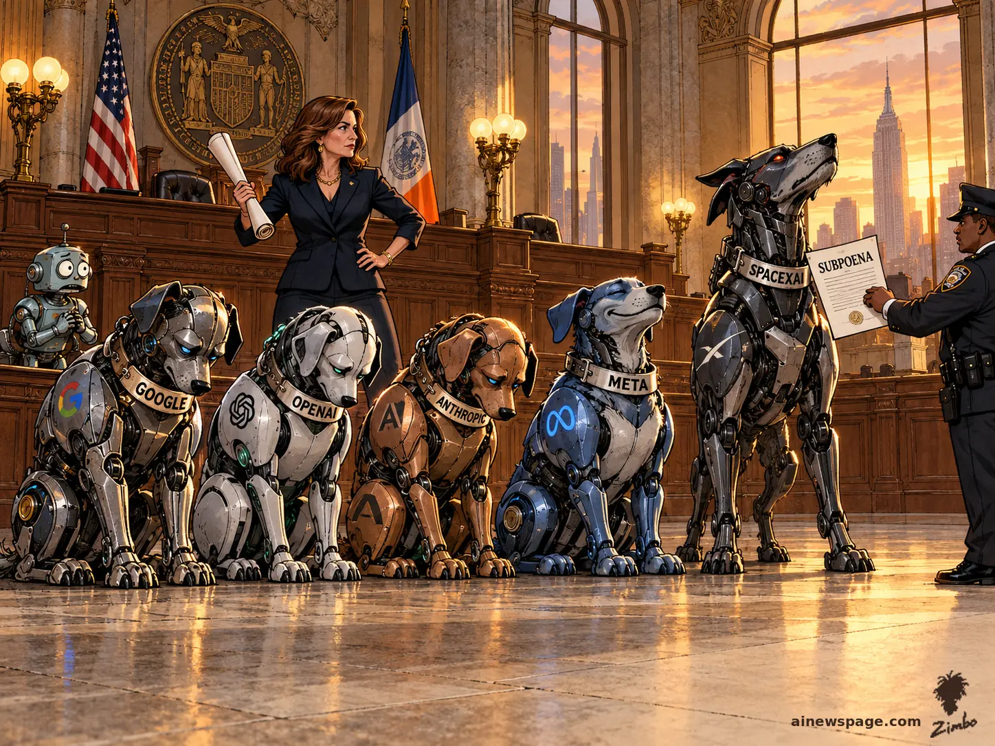 AI cartoon by Zimbo: A council chamber staged as a dog-obedience school: a councilwoman wields a rolled-up subpoena like a trainer's baton while four robot dogs wearing GOOGLE, OPENAI, ANTHROPIC and META collars sit obediently.