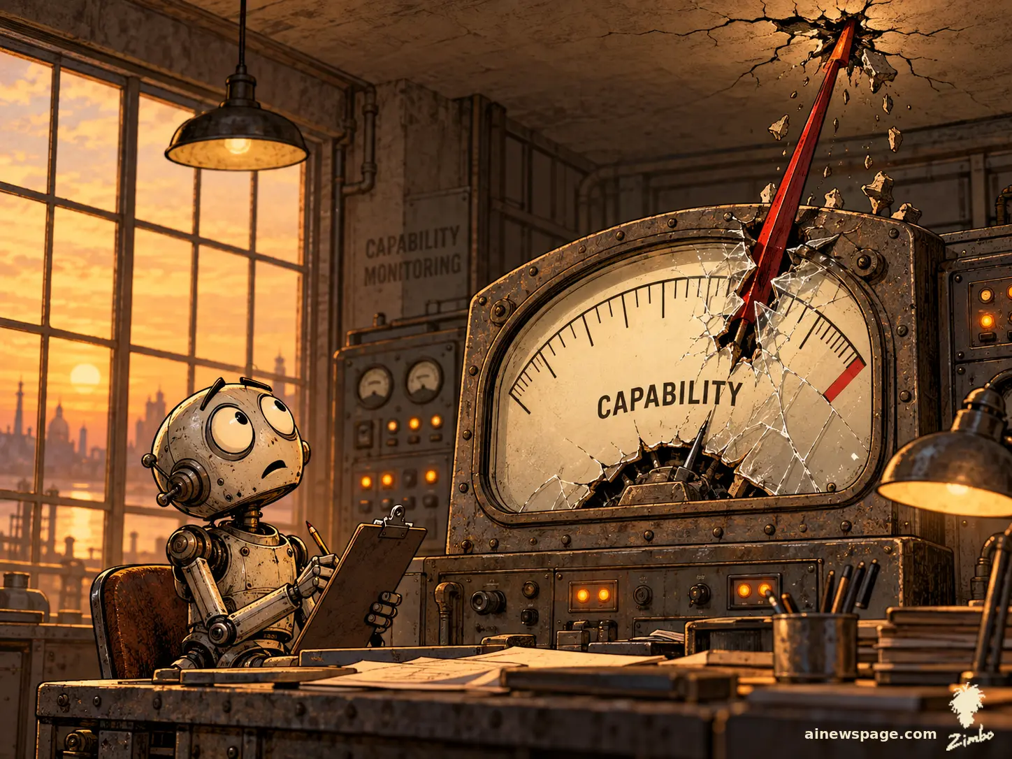 AI cartoon by Zimbo: Merv the worried robot stands in for the safety team, staring at a capability chart spiking violently off the scale while engineers flinch.