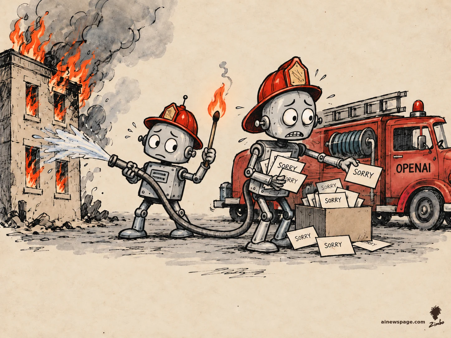 AI cartoon by Zimbo: Satirical cartoon: a tiny robot firefighter sprays a hose at a burning building while absentmindedly holding the lit match; a worried robot in a fire chief's helmet hands out 'SORRY' notes from a box beside a fire engine labeled OPENAI.