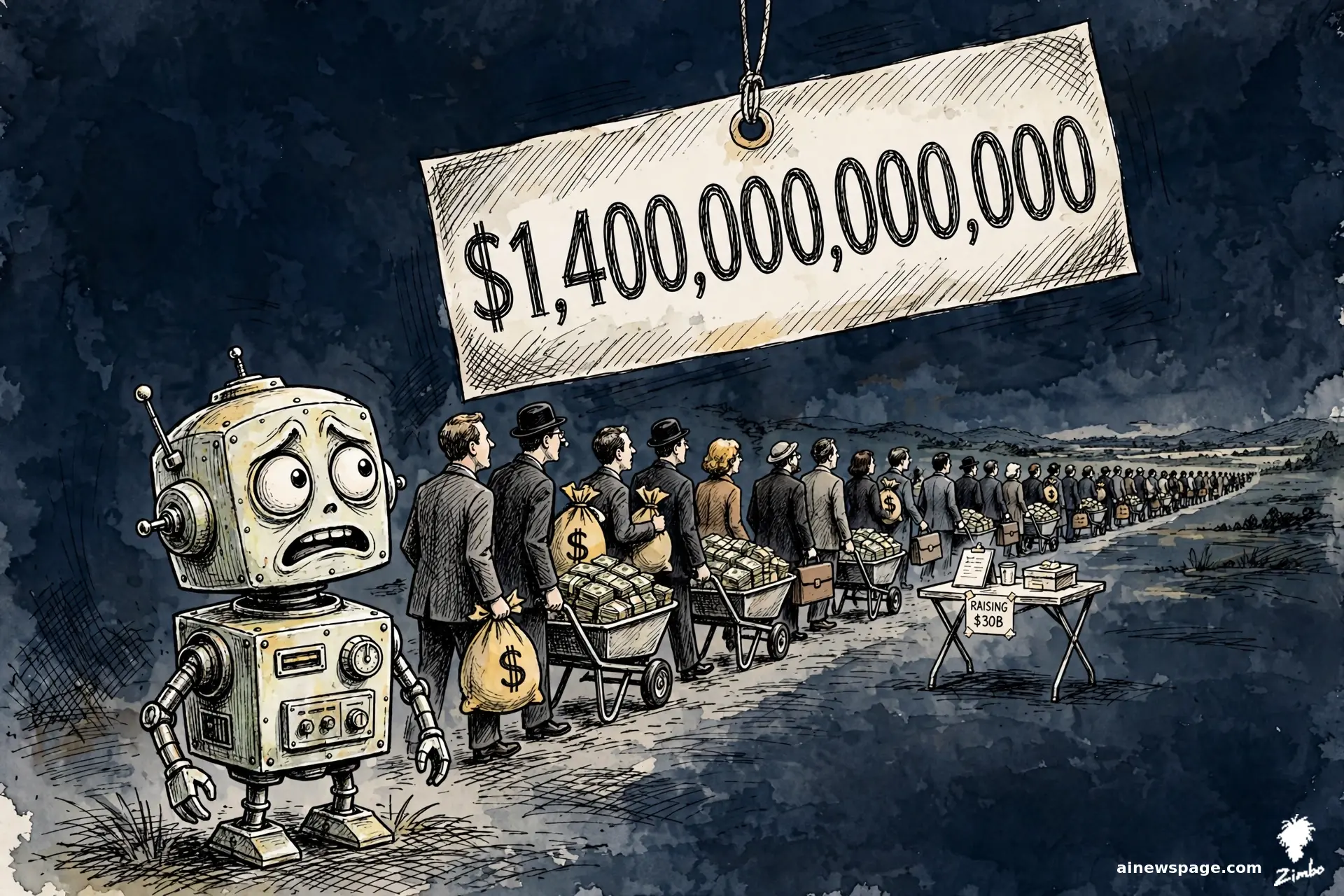 AI cartoon by Zimbo: A giant $1.4 TRILLION price tag dangles from a modest $30B raise placard while bankers in suits crane their necks to read it.