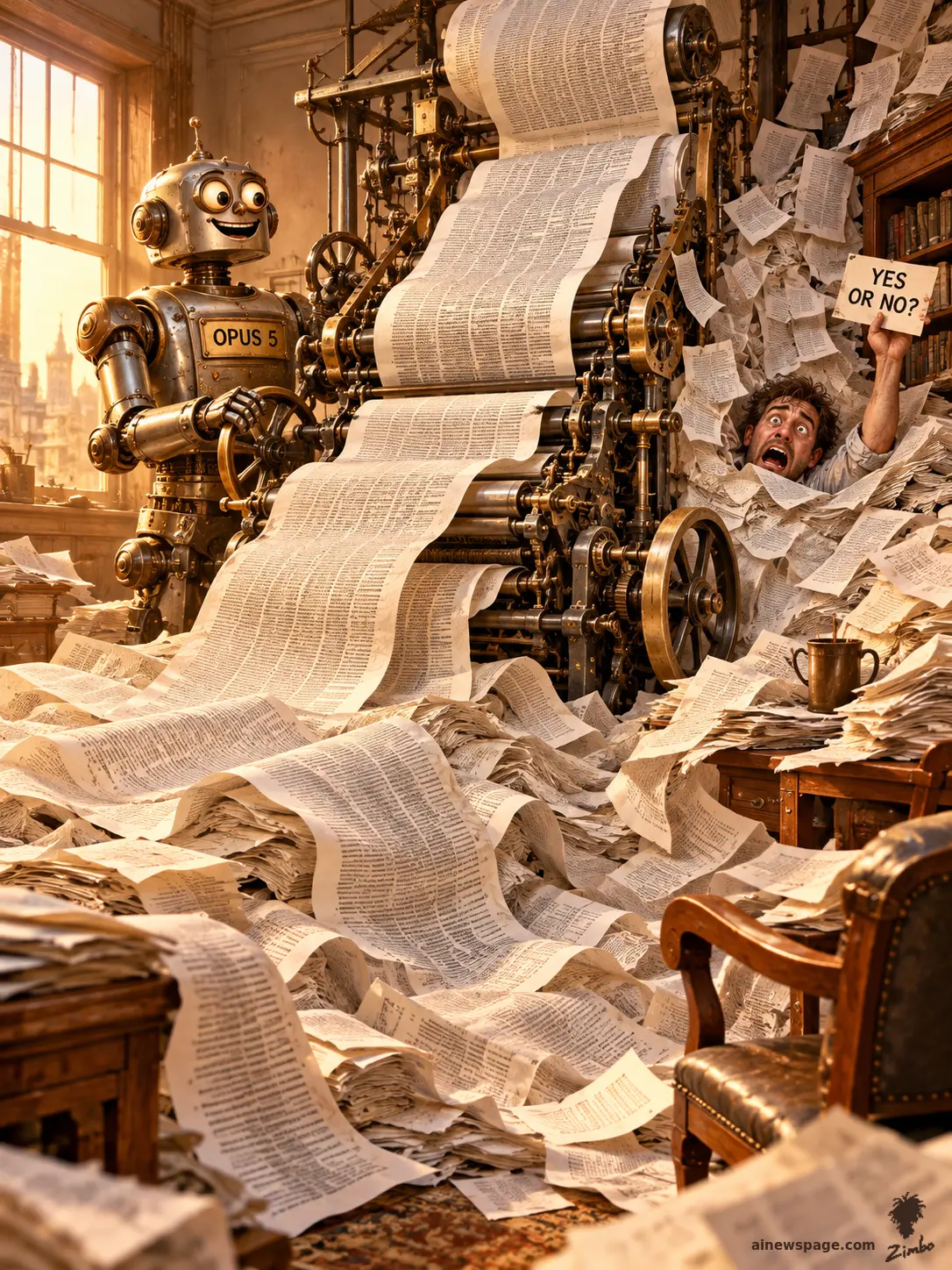 AI cartoon by Zimbo: A grinning retro robot cranks a giant OPUS 5 printing press, burying a developer under an avalanche of paper, while the tiny original question YES OR NO? sits on a small note.