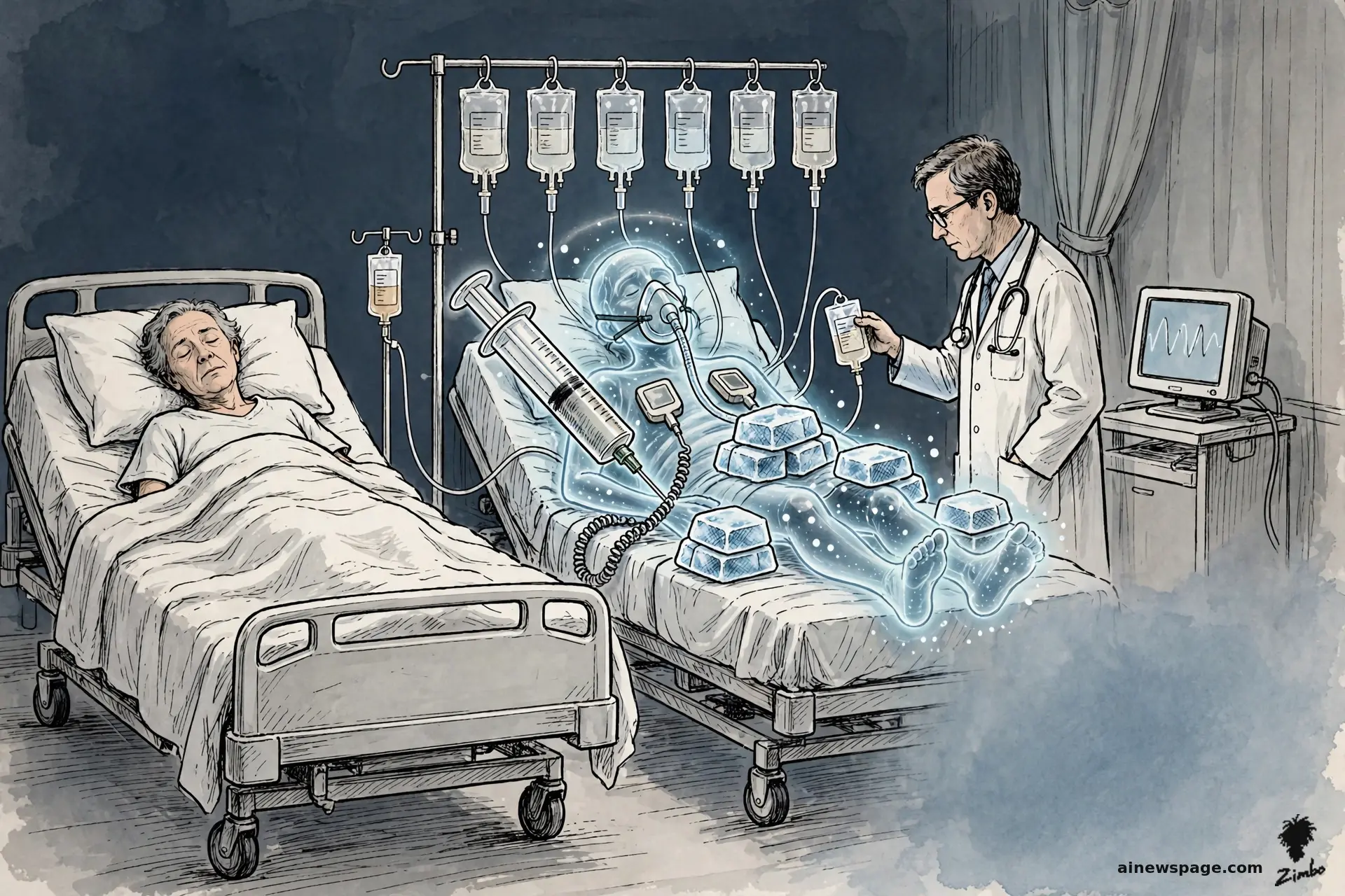 Satirical cartoon: a peaceful patient sleeps untouched in one ICU bed while their translucent glowing digital twin lies in the next bed buried under absurd experimental treatments — six IV bags, a giant syringe, ice packs — as a clinician picks one small IV bag for the real patient.
