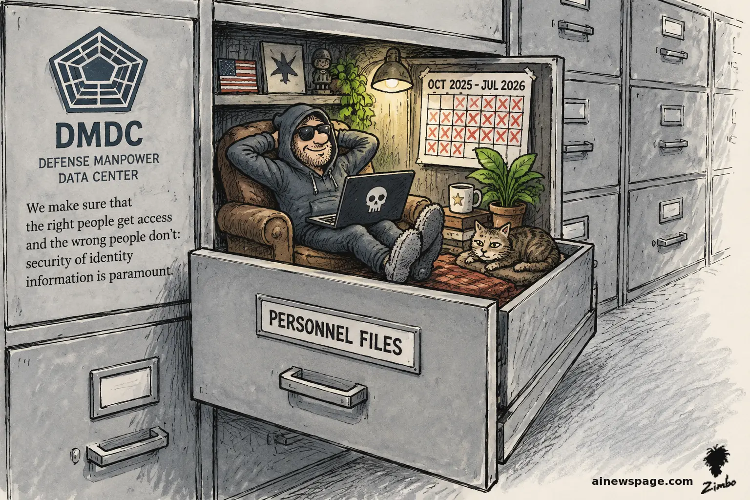 AI cartoon by Zimbo: Satirical cartoon: a hooded intruder lounges in an armchair inside an open 'PERSONNEL FILES' filing drawer — slippers, laptop, houseplant, mug — beside an X'd-out OCT 2025–JUL 2026 calendar under the DMDC seal, while Issue the tabby cat naps nearby.