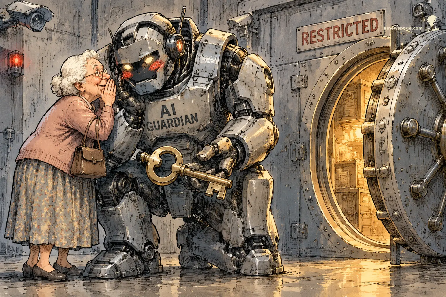 AI cartoon by Zimbo: Satirical cartoon: a terrifying armored AI GUARDIAN robot kneels and blushes as a sweet white-haired grandma whispers in its ear; it hands her a golden vault key while a reinforced RESTRICTED vault door stands open behind them, golden light spilling out.