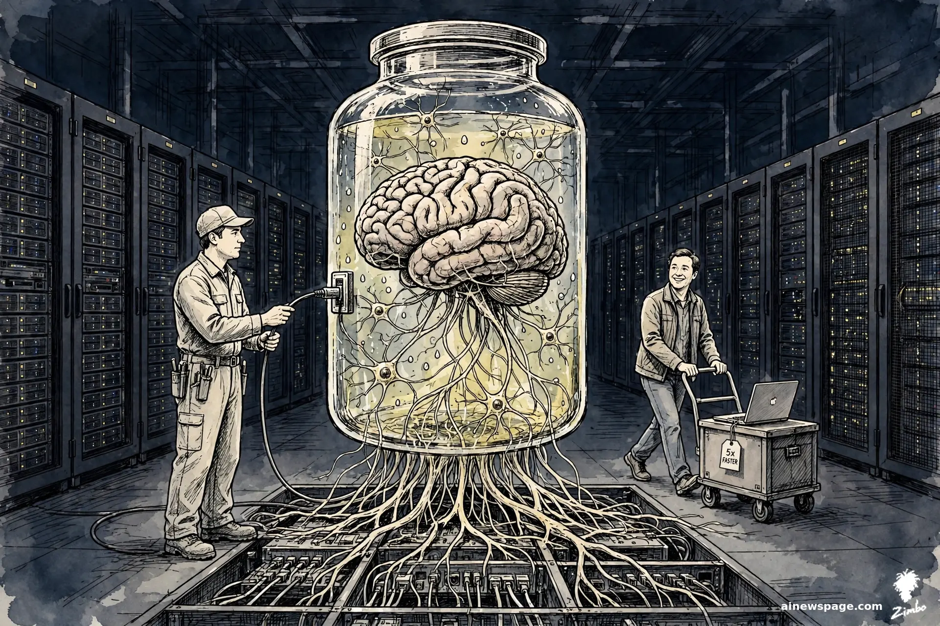 AI cartoon by Zimbo: A glowing cloud server rack fused with a pink organic brain; wet neurons pulse inside the world's most advanced cloud hardware.