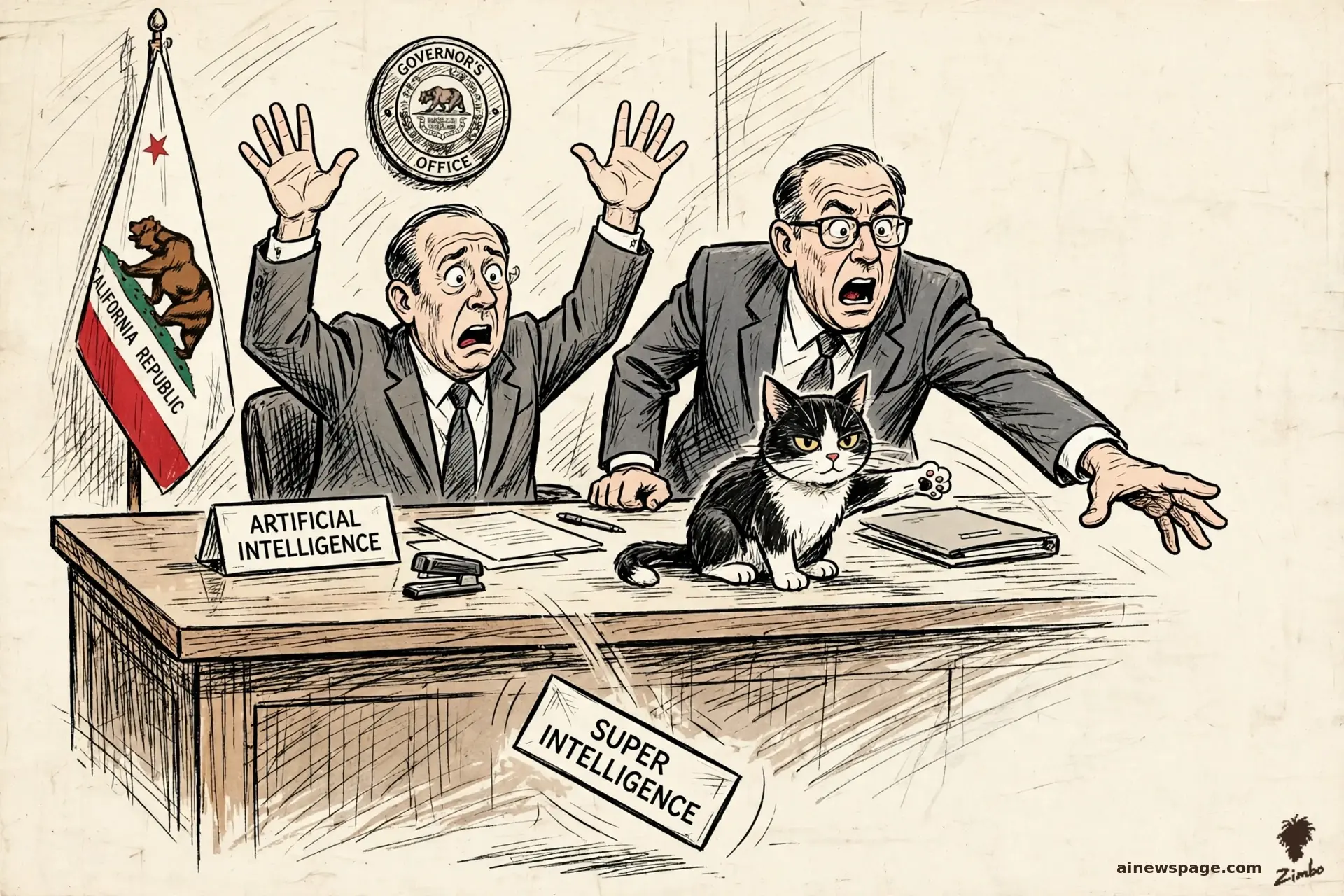 AI cartoon by Zimbo: Issue the small tabby cat sits on a desk and swats a SUPER INTELLIGENCE rebrand memo off the edge; the cat has voted.