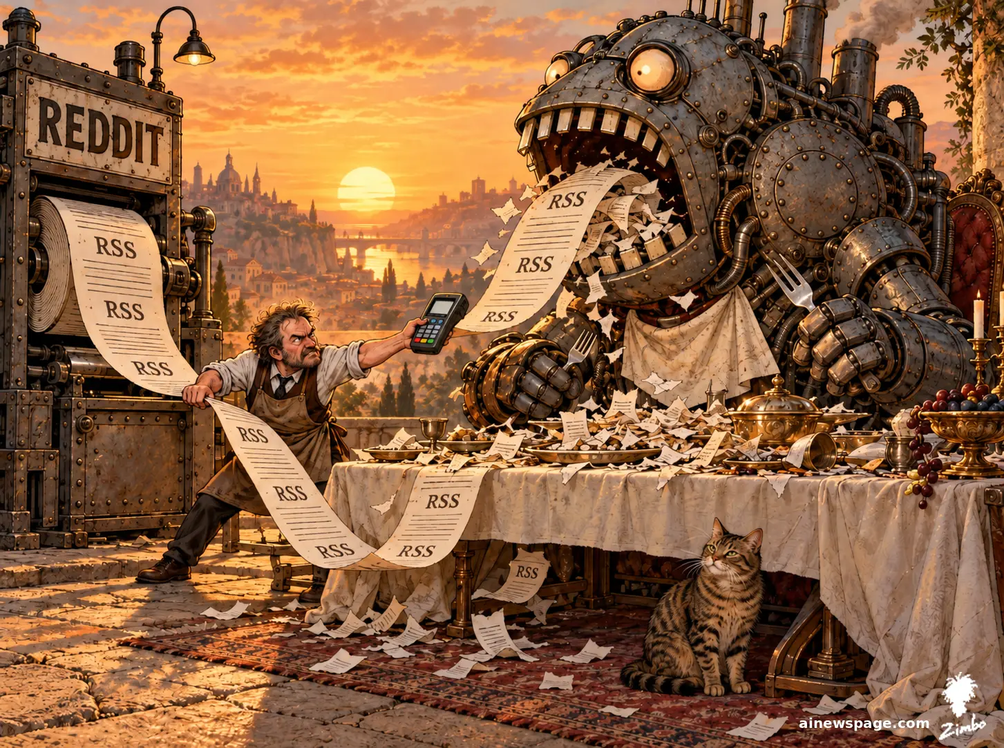 AI cartoon by Zimbo: A monstrous robot gorges at an all-you-can-eat internet buffet, devouring RSS feeds; a sign reads RSS DIES NOVEMBER 13 — THE MONSTER EATS FREE NO MORE.