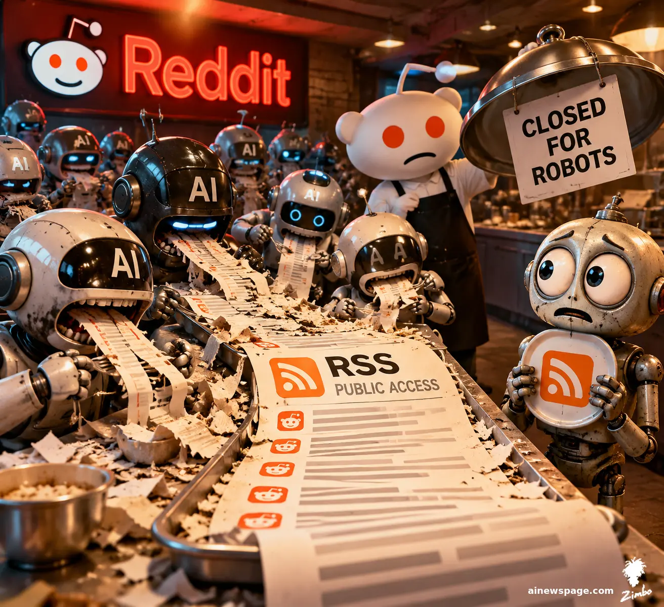 AI cartoon by Zimbo: Tiny AI crawlers devour an RSS scroll on a Reddit buffet table while a waiter hangs a CLOSED FOR ROBOTS sign; Merv holds a tiny RSS icon.
