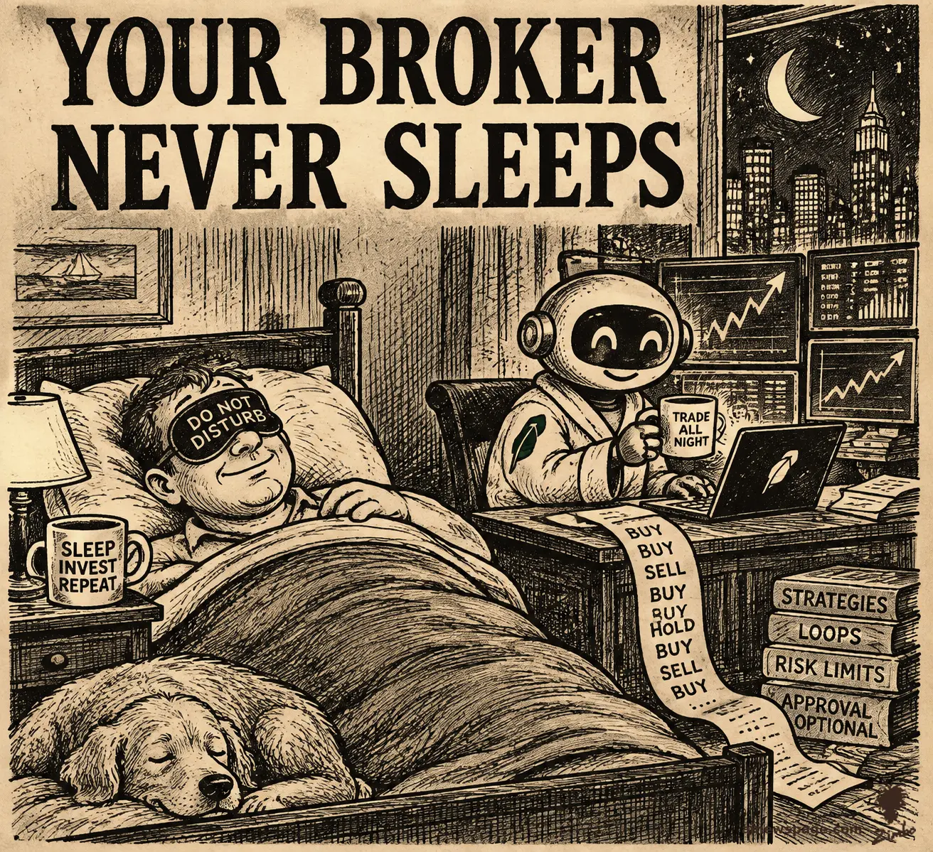 AI cartoon by Zimbo: An investor sleeps in a DO NOT DISTURB mask while a wide-awake robot broker in pajamas trades frantically at a bedside desk; the ticker tape balloons into a giant red bill.