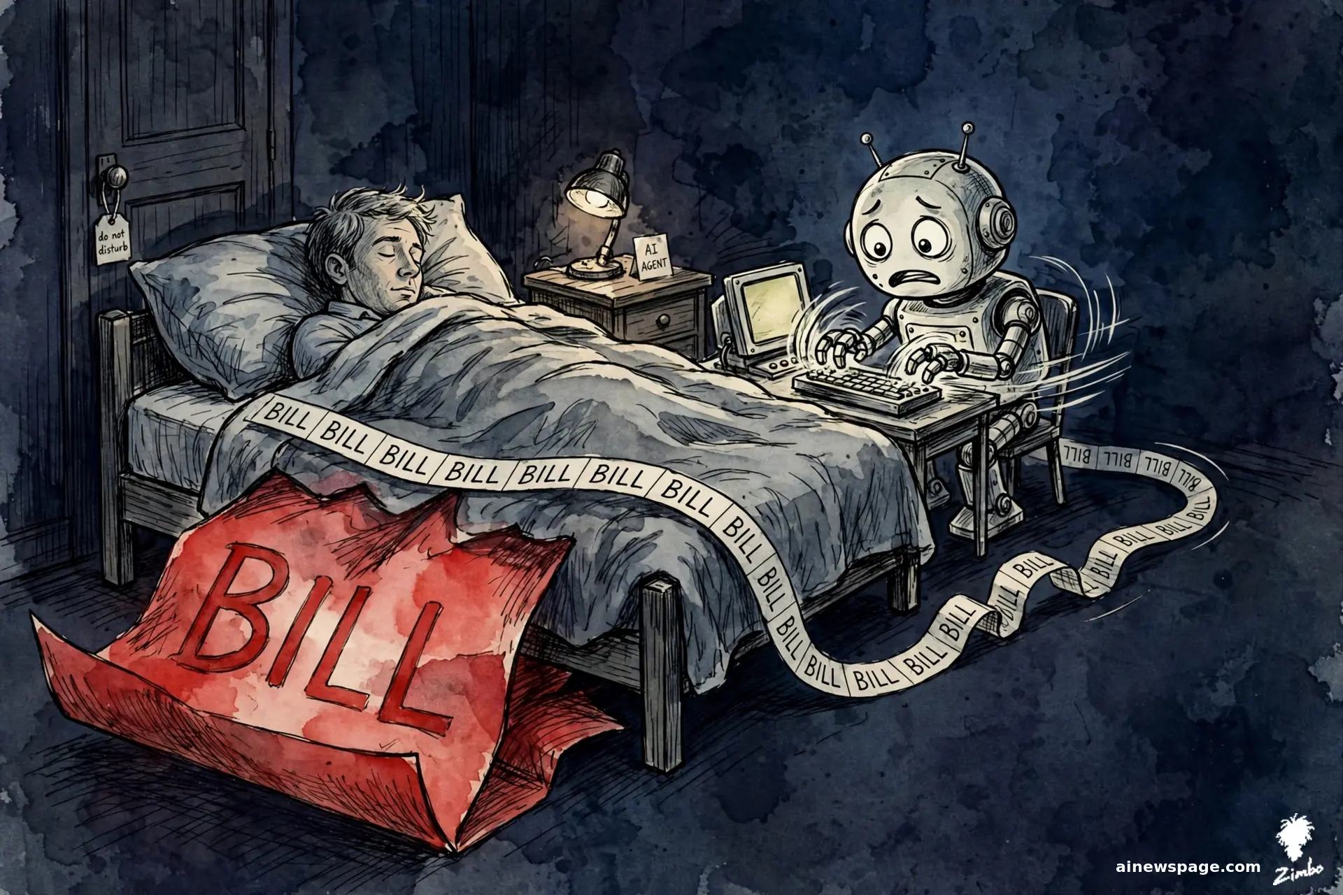 AI cartoon by Zimbo: A man sleeps peacefully while Merv frantically trades at a tiny glowing bedside desk; the ticker tape snakes across the bed and balloons into an enormous red BILL.